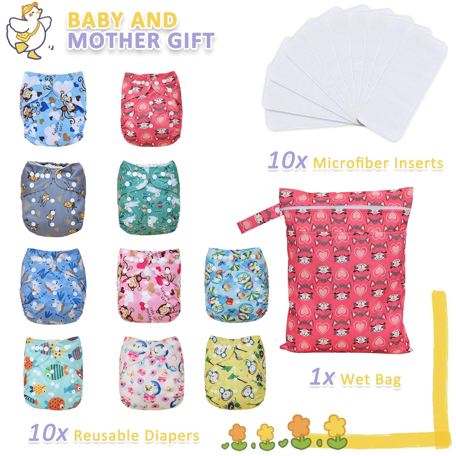 Pañales de tela para bebé, lavables, reutilizables, talla única, ajustable, paquete de 10 con 10 insertos de microfibra, 1 bolsa húmeda