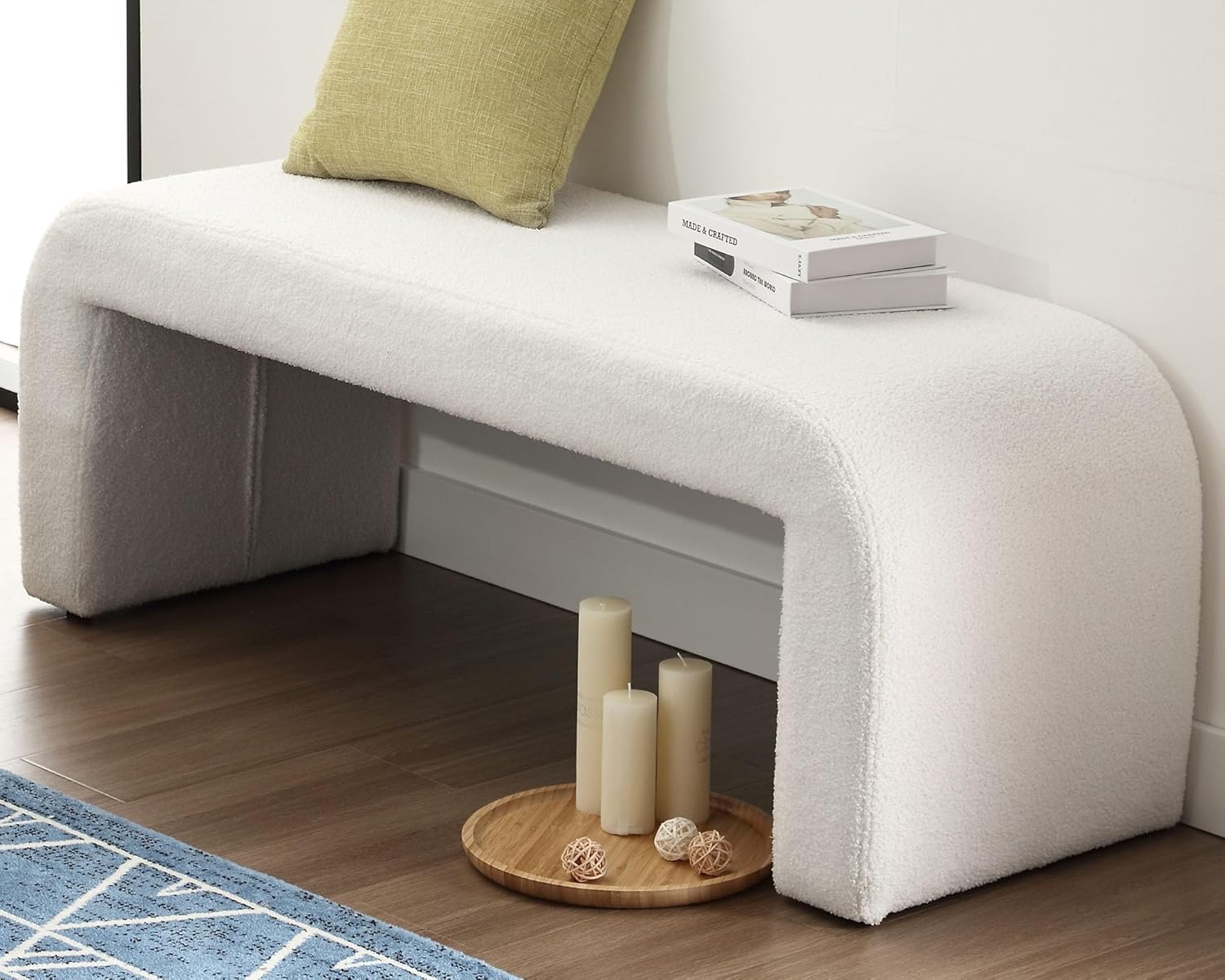 VESCASA Banco Sherpa de 49.5 pulgadas de ancho para pasillo, banco otomano tapizado para el extremo de la cama, para entrada, dormitorio, blanco, 1