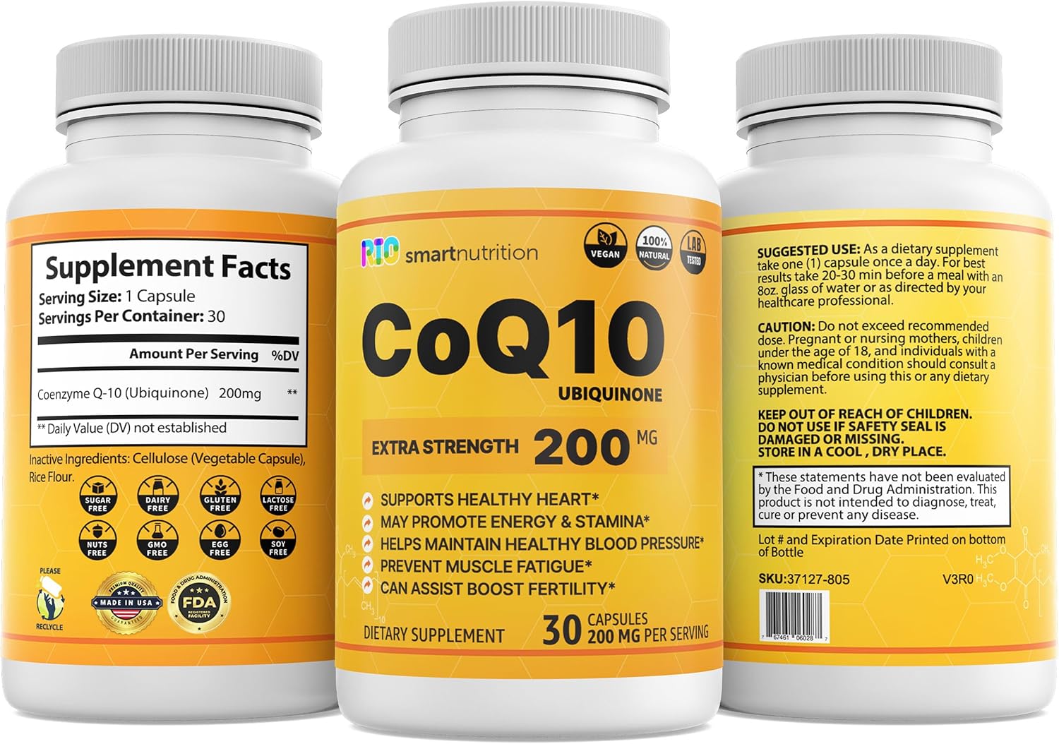 Rio CoQ10 Extra Strength 200mg – Coenzima Q10 – Suplemento antioxidante para la salud vascular y cardíaca y producción de energía – 30 cápsulas