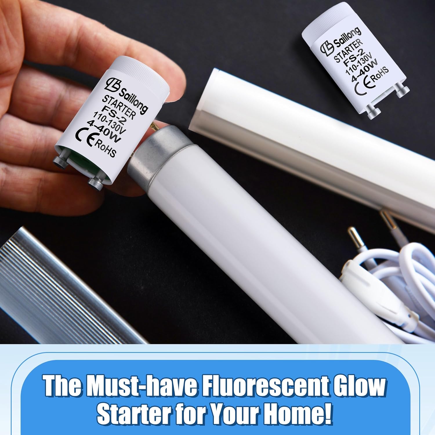 Saillong Paquete de 2 arrancadores fluorescentes blancos para uso con lámparas fluorescentes de precalentamiento de 4-40 W, tubo fluorescente