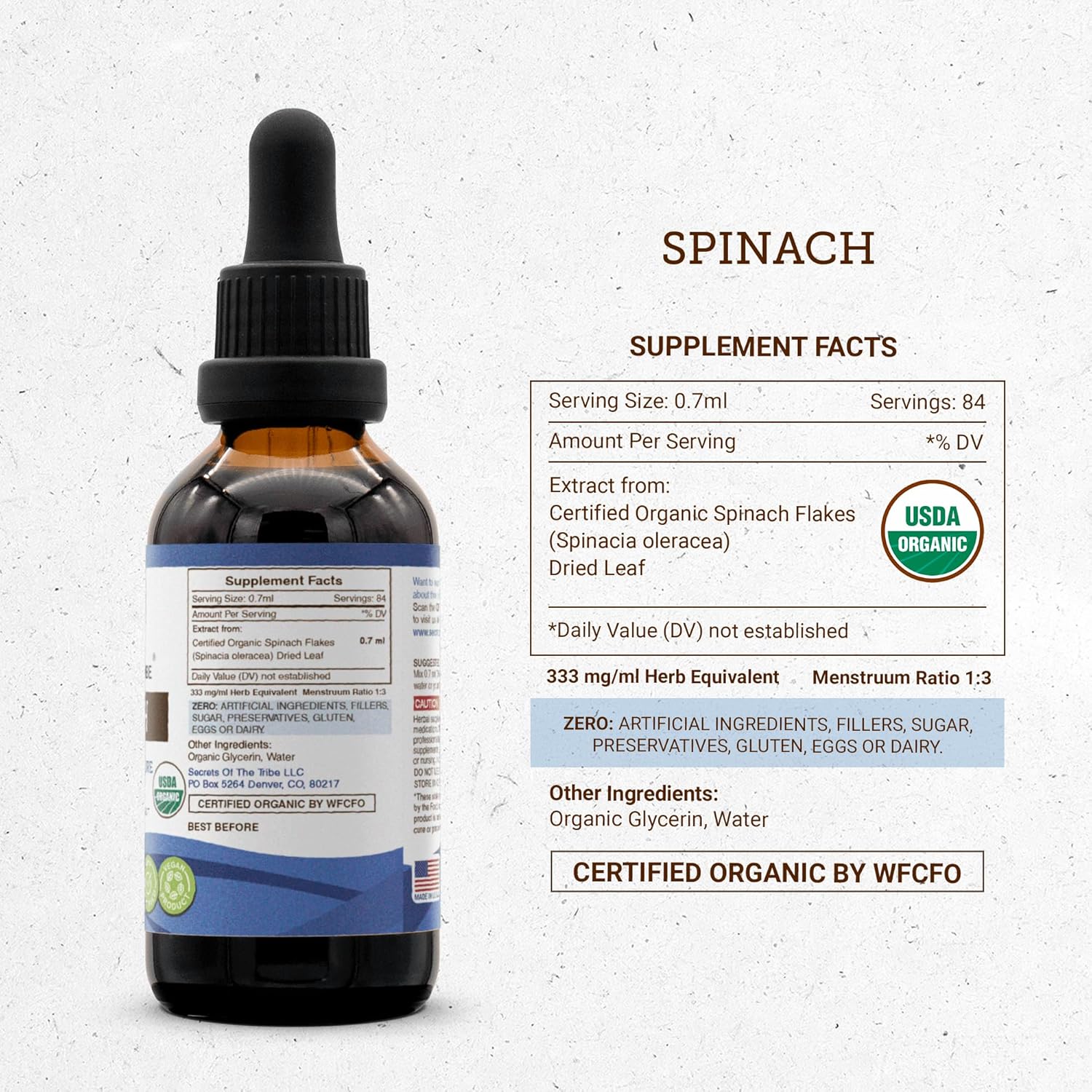 Secrets of the Tribe Spinach USDA Organic  Extracto sin alcohol, gotas de hierbas de alta potencia  Hecho de hoja seca de espinaca orgánica 100%