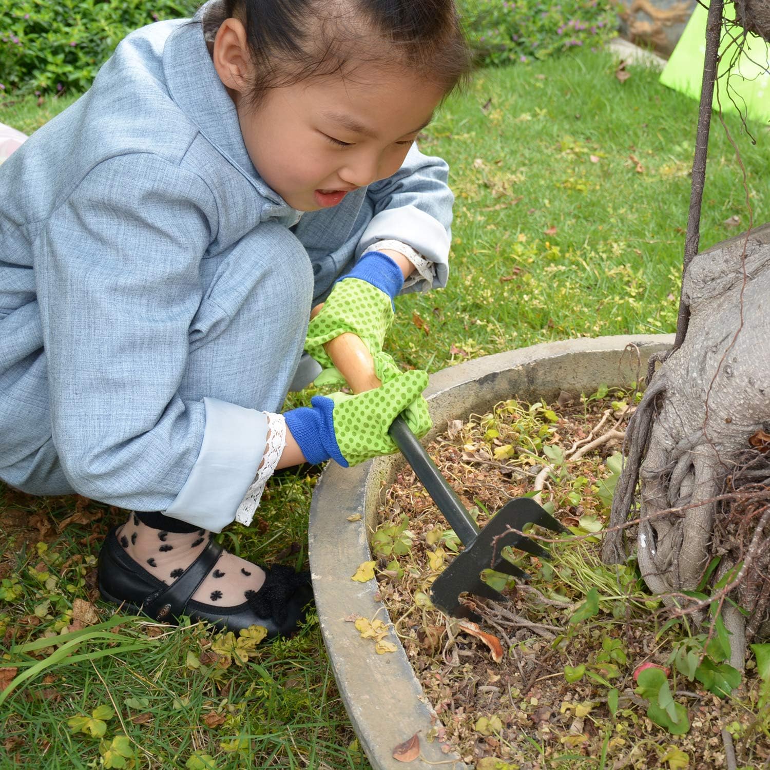 HANDLANDY Guantes de jardinería para niños de 5 a 8 años, guantes de trabajo de jardín para niñas y niños (verde (pájaro + punto), talla M (edad