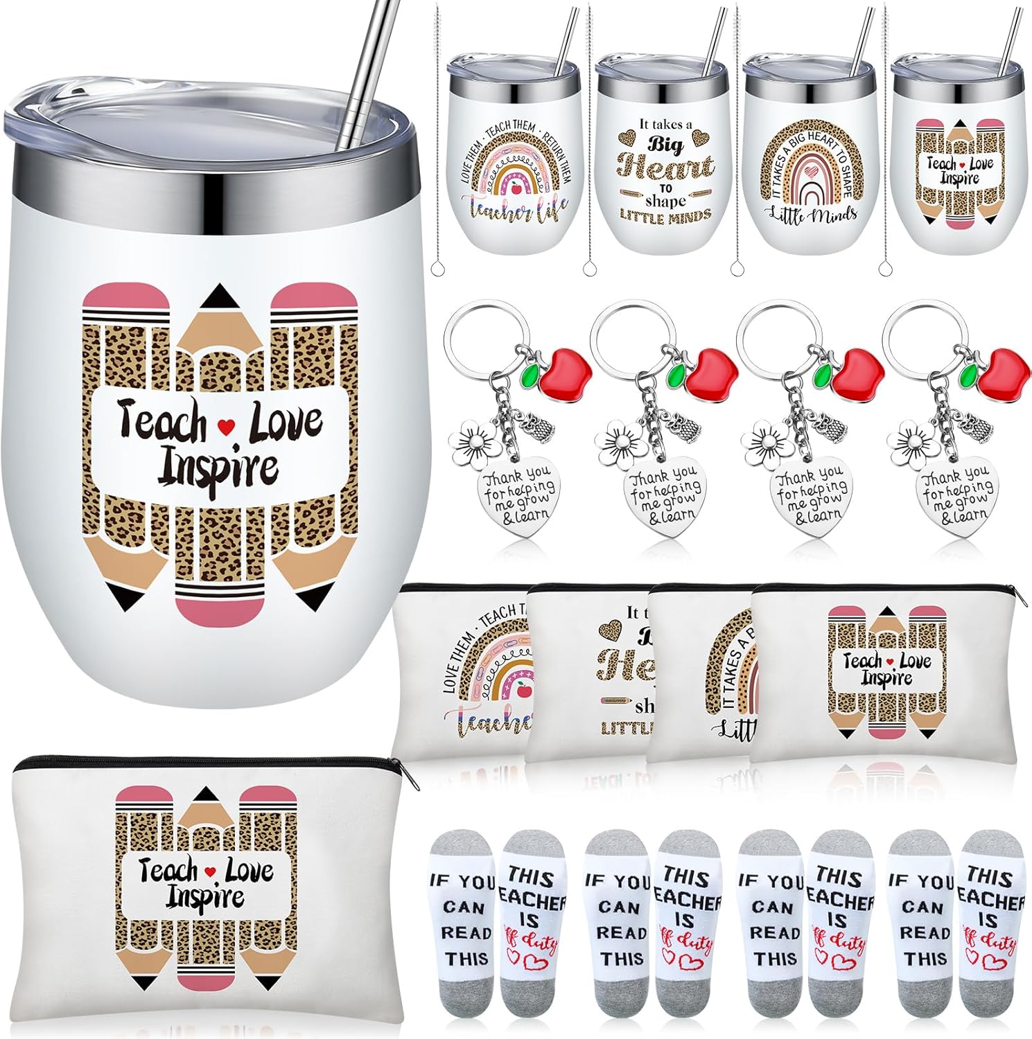 16 piezas de regalos de agradecimiento para profesores, regalos ideales para mujeres, vasos de 12 onzas, bolsas de maquillaje, divertidos llavero,