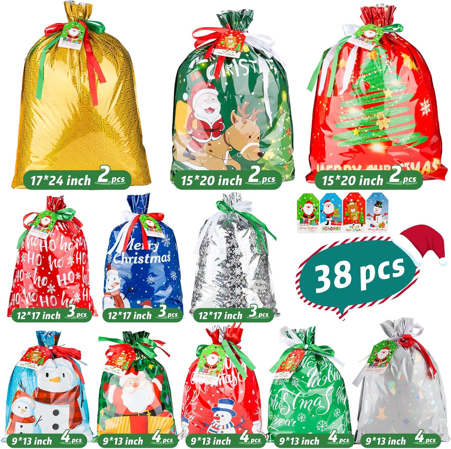 Regalo de envoltura de 10 segundos  38 bolsas de regalo de Navidad con cordón de varios tamaños pequeños, medianos y grandes, bolsas de regalo de