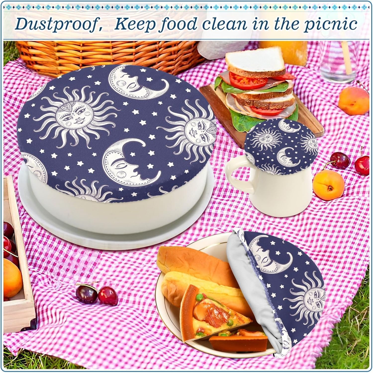 Sun Moon – 5 fundas elásticas reutilizables para cuencos para almacenamiento de alimentos, tapas de tela elástica con 5 tamaños diferentes, tapas de