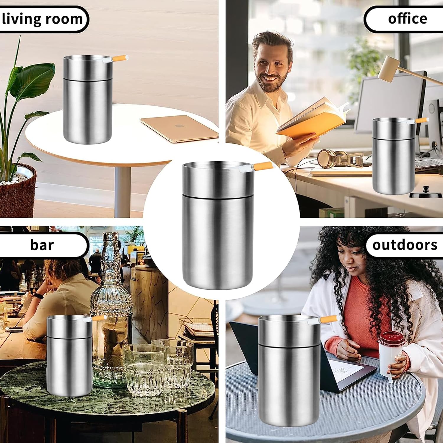 Cenicero de automóvil de acero inoxidable, cenicero portátil sin humo para interiores, mini ceniceros a prueba de olores para patio, accesorios de