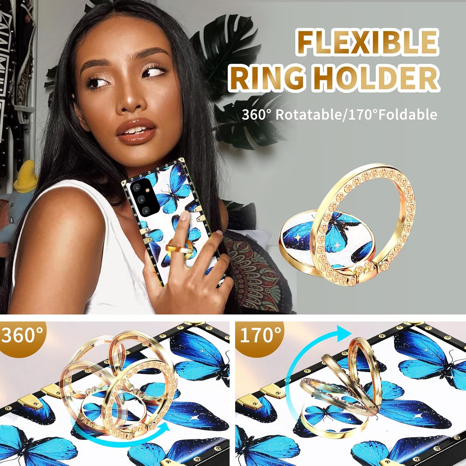 Loheckle Funda para Samsung Galaxy A13 5G para mujer, funda cuadrada de diseñador para Samsung Galaxy A13 5G con soporte de anillo y cordón,