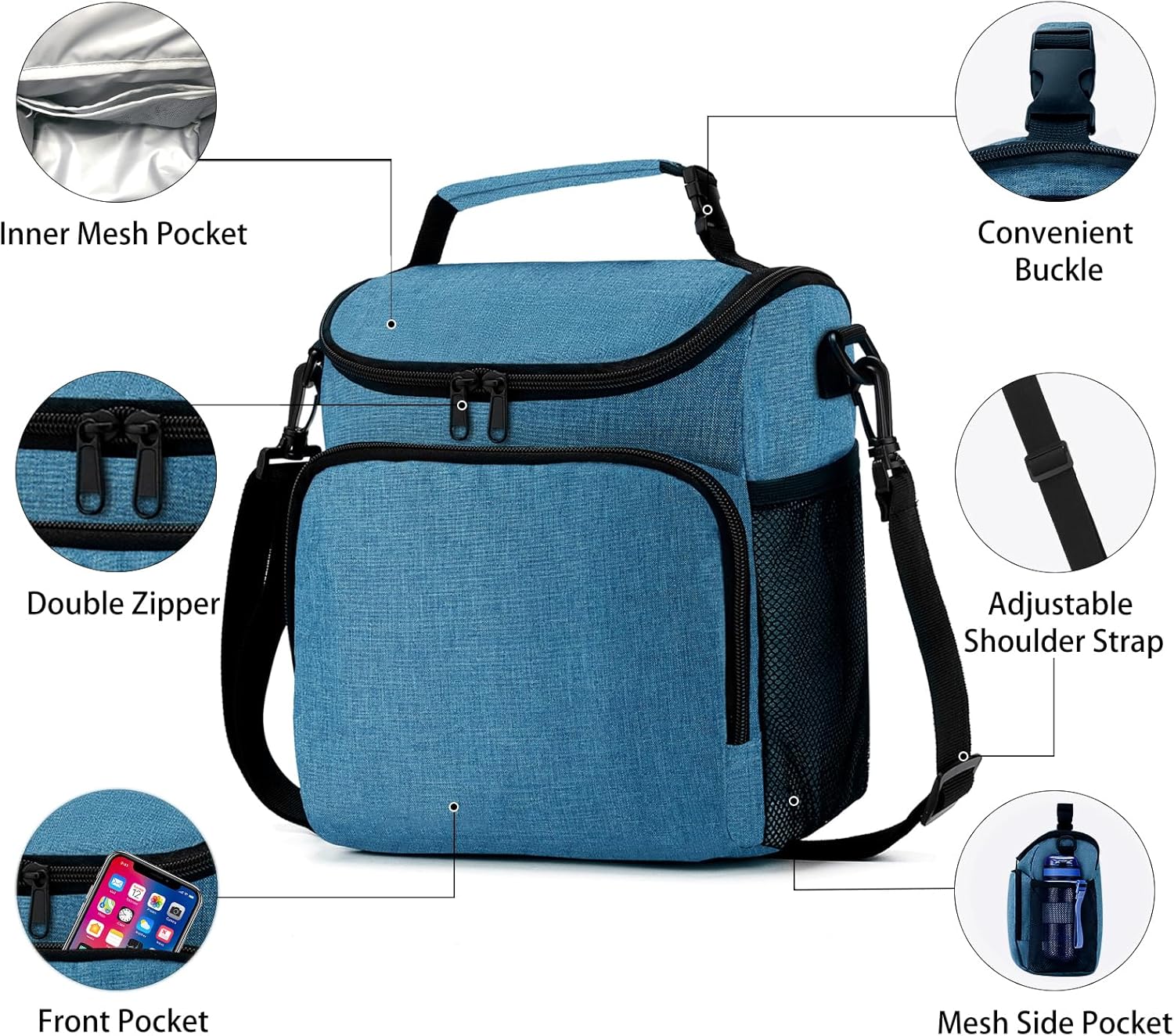 Lonchera para hombres, bolsa de almuerzo aislada para mujer con correa de hombro ajustable, bolsa enfriadora con soporte para bebidas para adultos,
