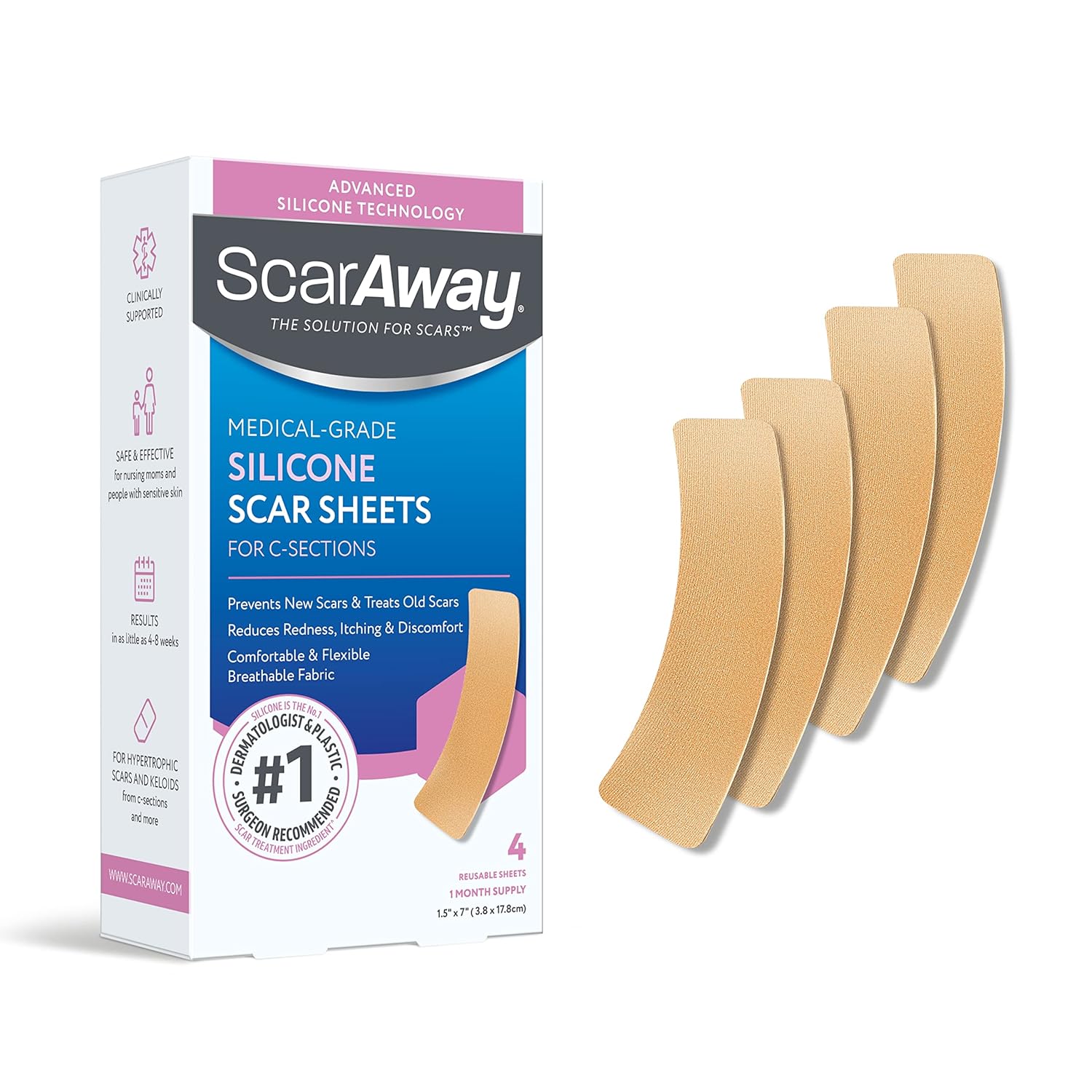 ScarAway Hojas avanzadas de silicona para cicatrices de sección C, hojas reutilizables (1.5 x 7 pulgadas) para cicatrices hipertróficas y queloides