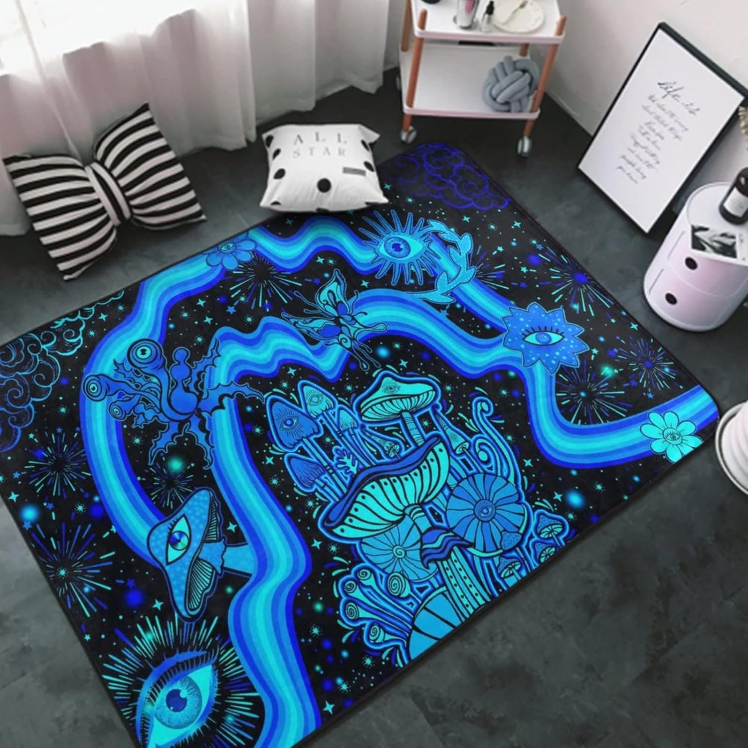 Alfombra de área ultra suave y acogedora para niñas, niños, adolescentes, alfombra de área de juegos, hongos, flores, ojos, estrellas, plantas