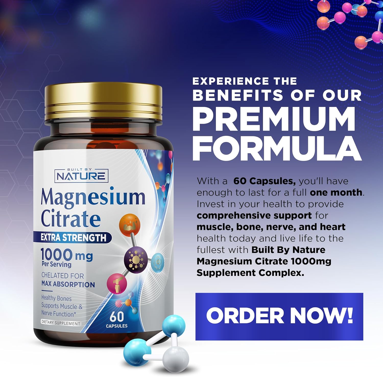 Citrato de magnesio 1000 mg  Máxima absorción y complejo de magnesio de alta potencia Suplemento para corazón, músculo, nervio, salud ósea y alivio
