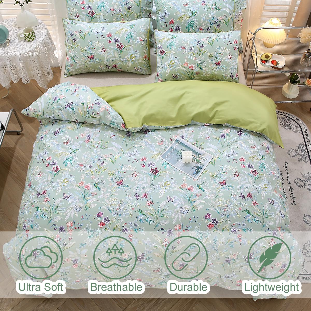 URBONUR Juego de funda de edredón floral verde, tamaño matrimonial, 100% algodón egipcio satinado, juego de ropa de cama con estampado de mariposas