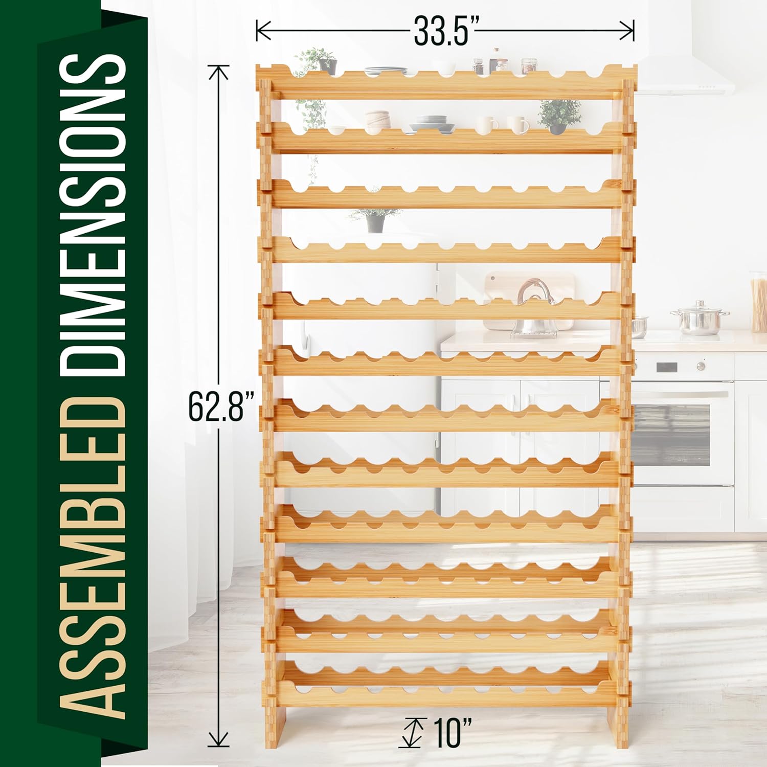 SereneLife Estante de vino apilable de bambú, capacidad de 108 botellas de 12 niveles, suelo de pie, sin herramientas, estante modular de