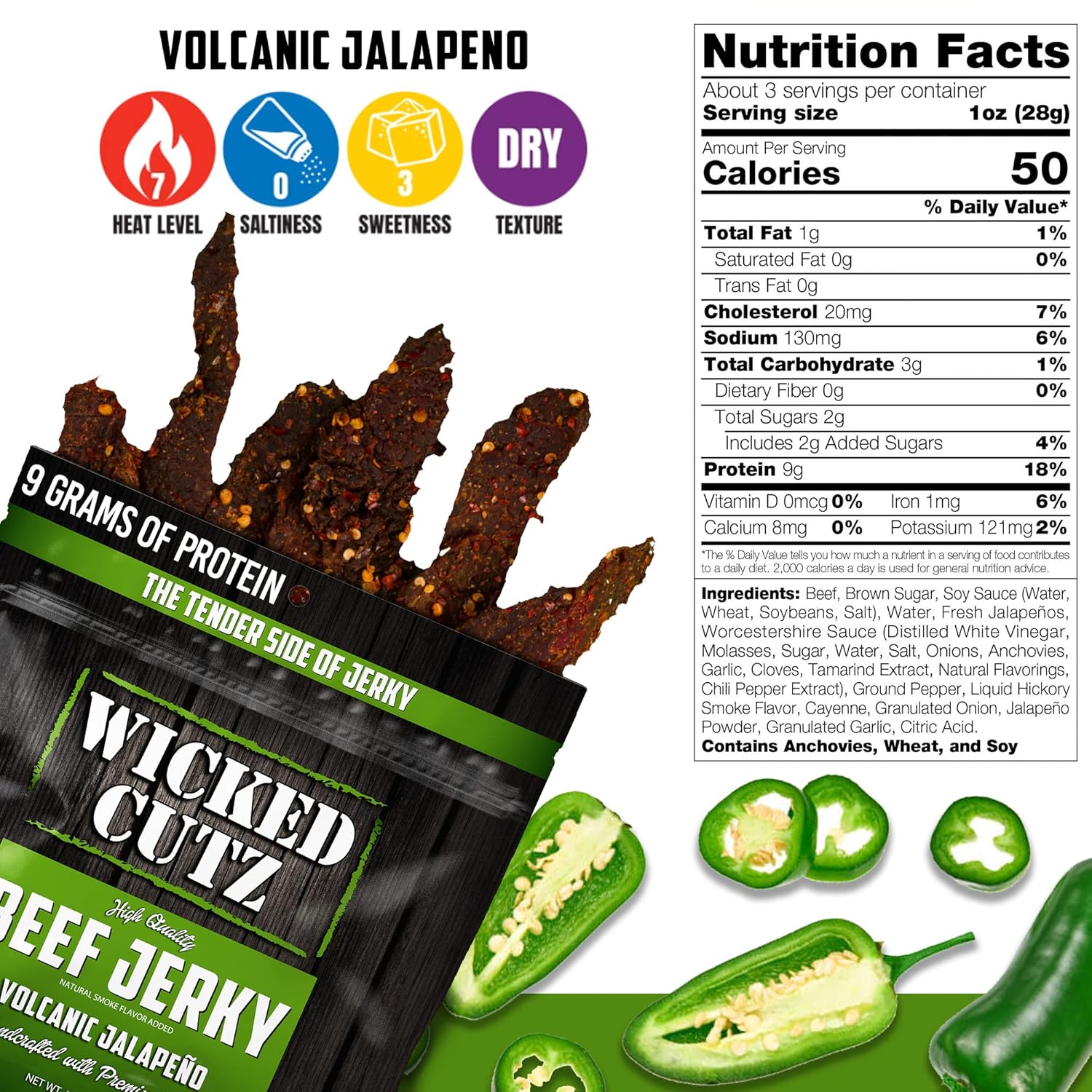 Carne seca picante de jalapeño volcánica  Tierna, sabrosa, fácil de masticar, cecina premium con 0.77 oz de proteína por bolsa, aperitivos altos en