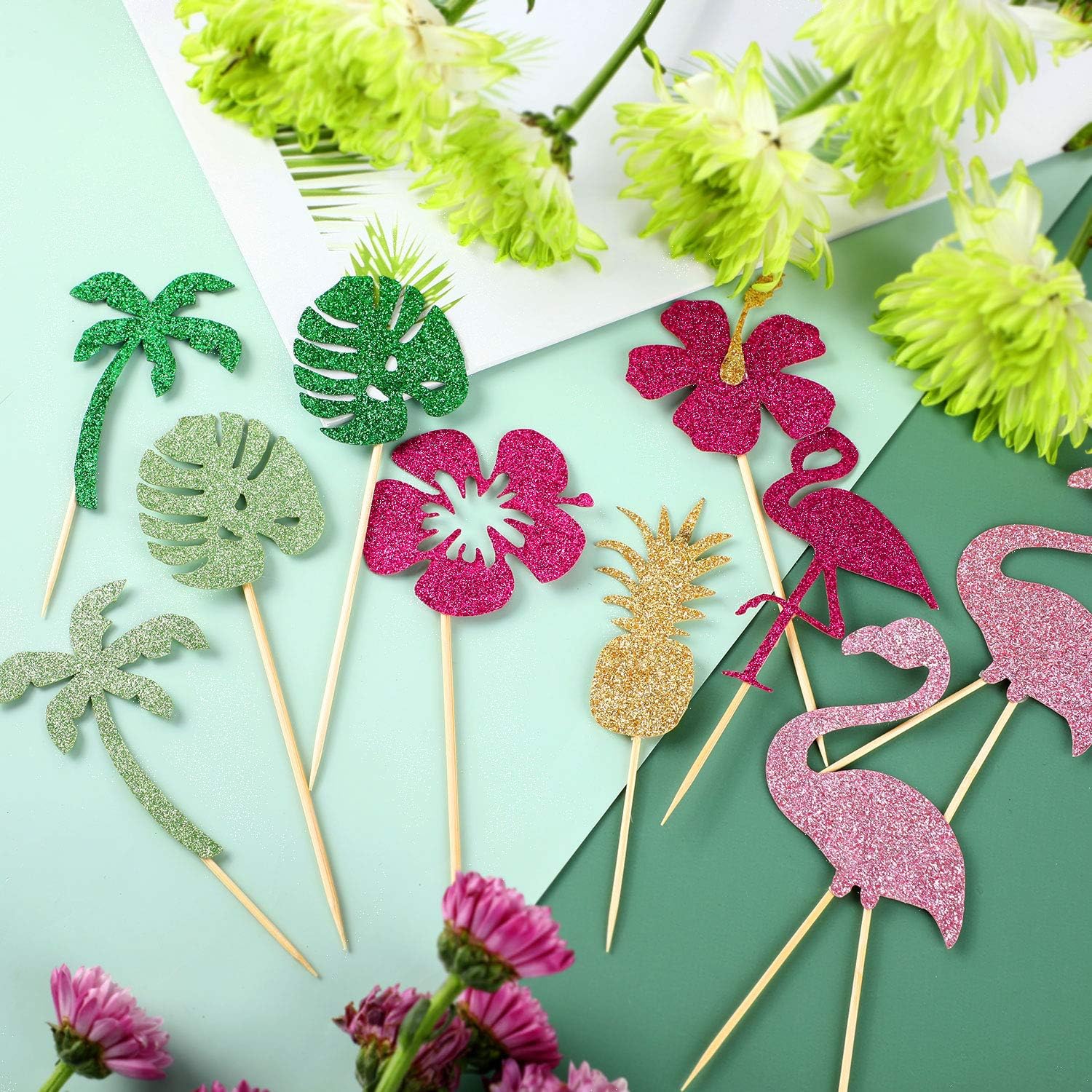 50 piezas tropicales hawaianas Luau Cupcake Toppers con purpurina Hawaii Cake Cocktail Palillo de dientes flamenco piña hibisco flores hojas de