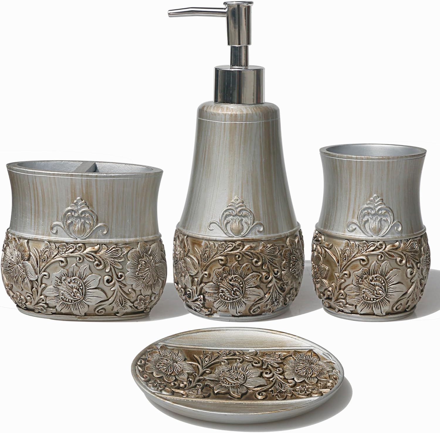 Juego de accesorios de baño de resina, estilo rústico que incluye 1 taza, 1 soporte para cepillos de dientes, 1 jabonera y 1 dispensador de jabón,