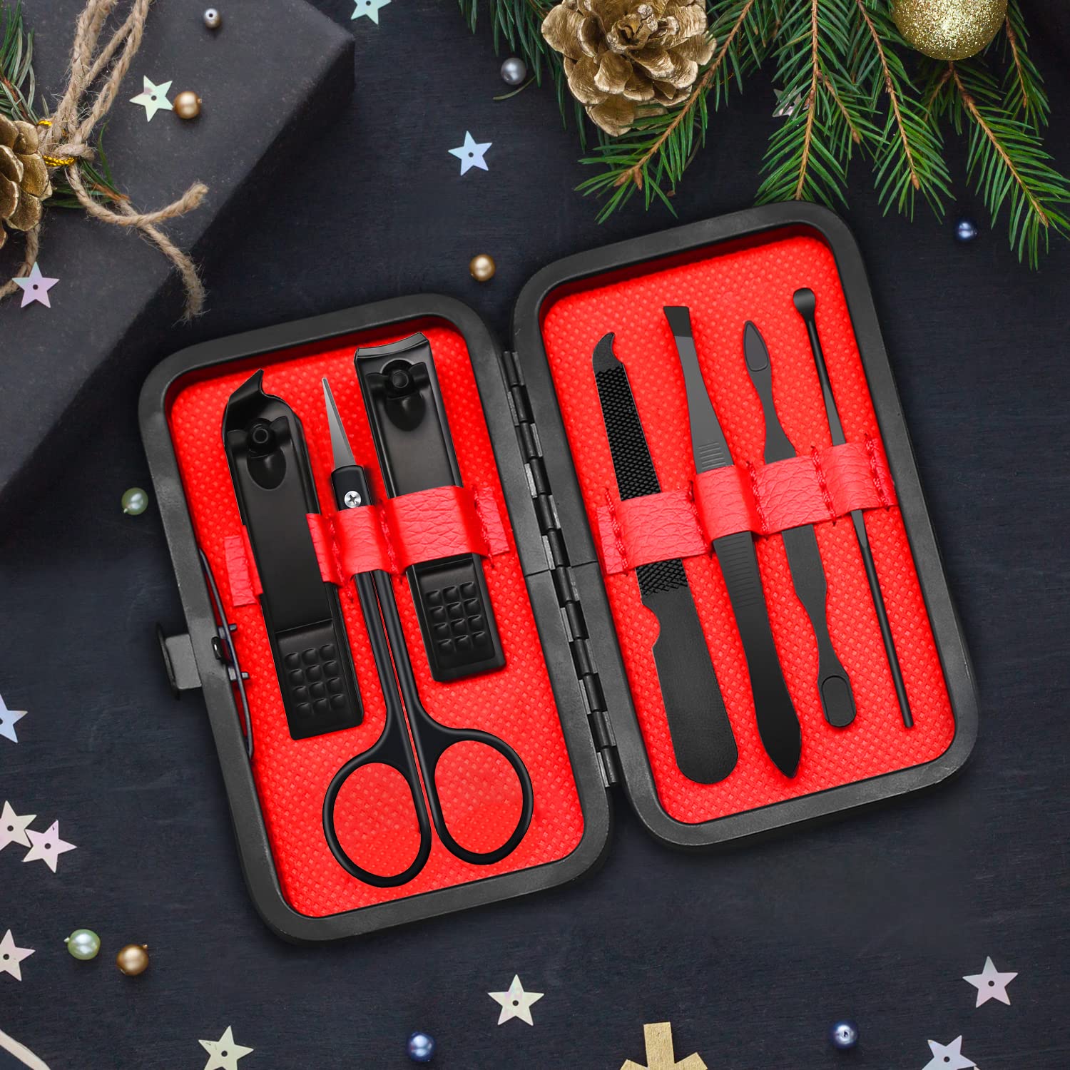 Juego de manicura y pedicura, kit de aseo de uñas para hombres, kit de uñas de viaje 7 en 1, juego de cortaúñas para uñas de los pies, color negro