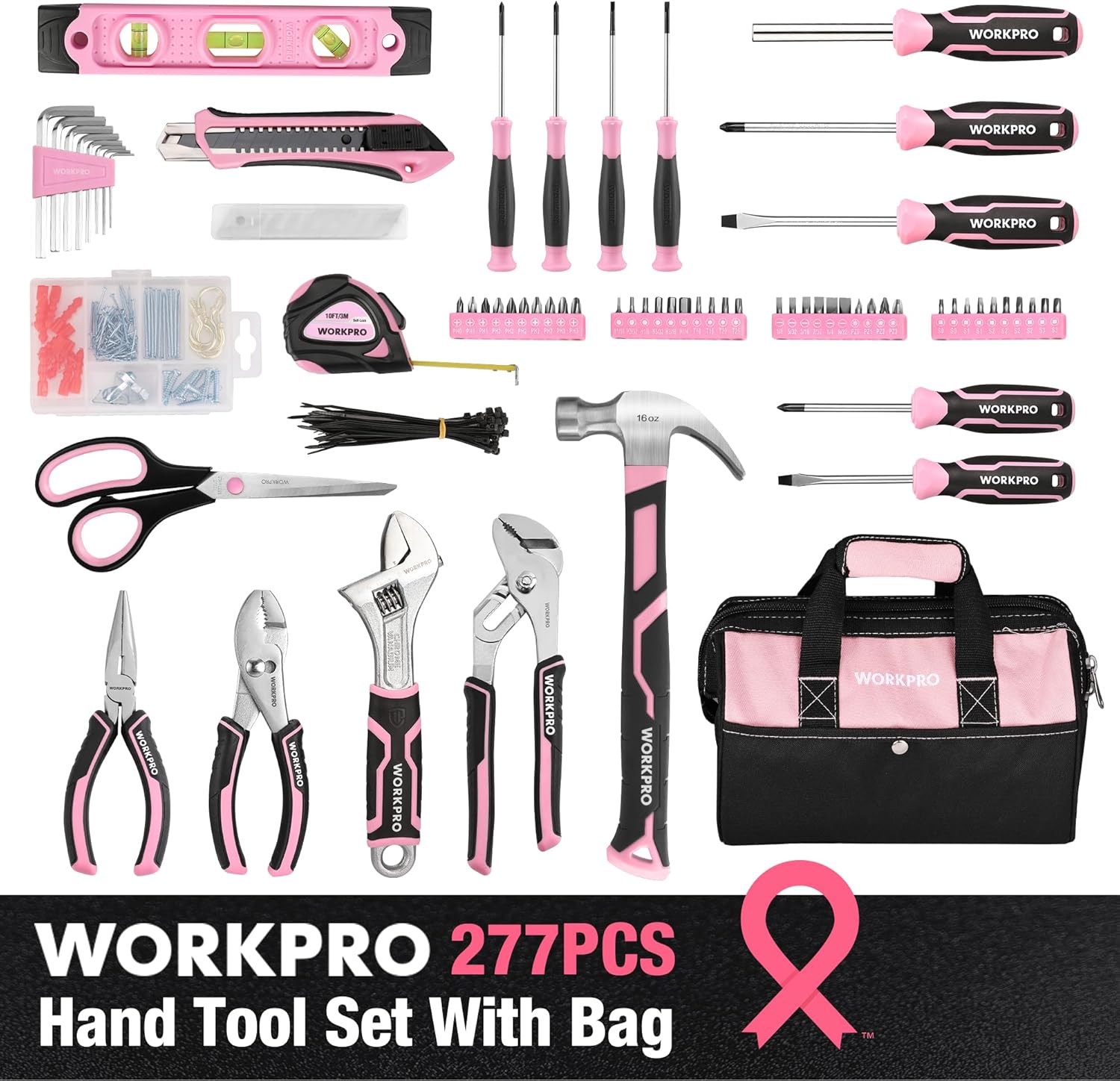 WORKPRO Juego de herramientas rosadas, 277 piezas de bolsas de herramientas de mano esenciales de apartamento con bolsa de almacenamiento abierta de