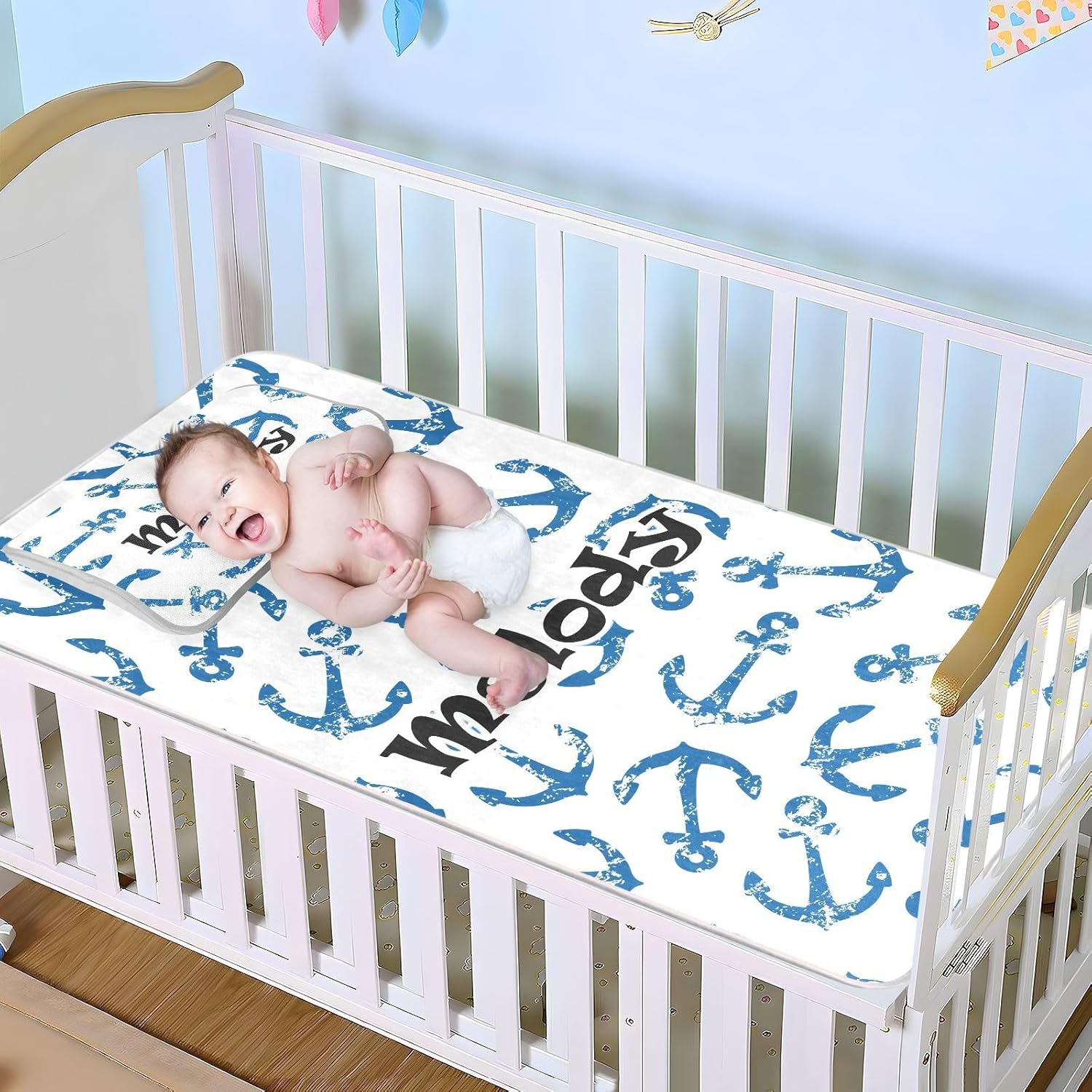 Custom Anchors Crib Mattress Protector Pad for Boys Girls Baby Ice Silk Mat Bed Crib Mattress Pad Mat Cooling Mattress Topper for Pack N Play