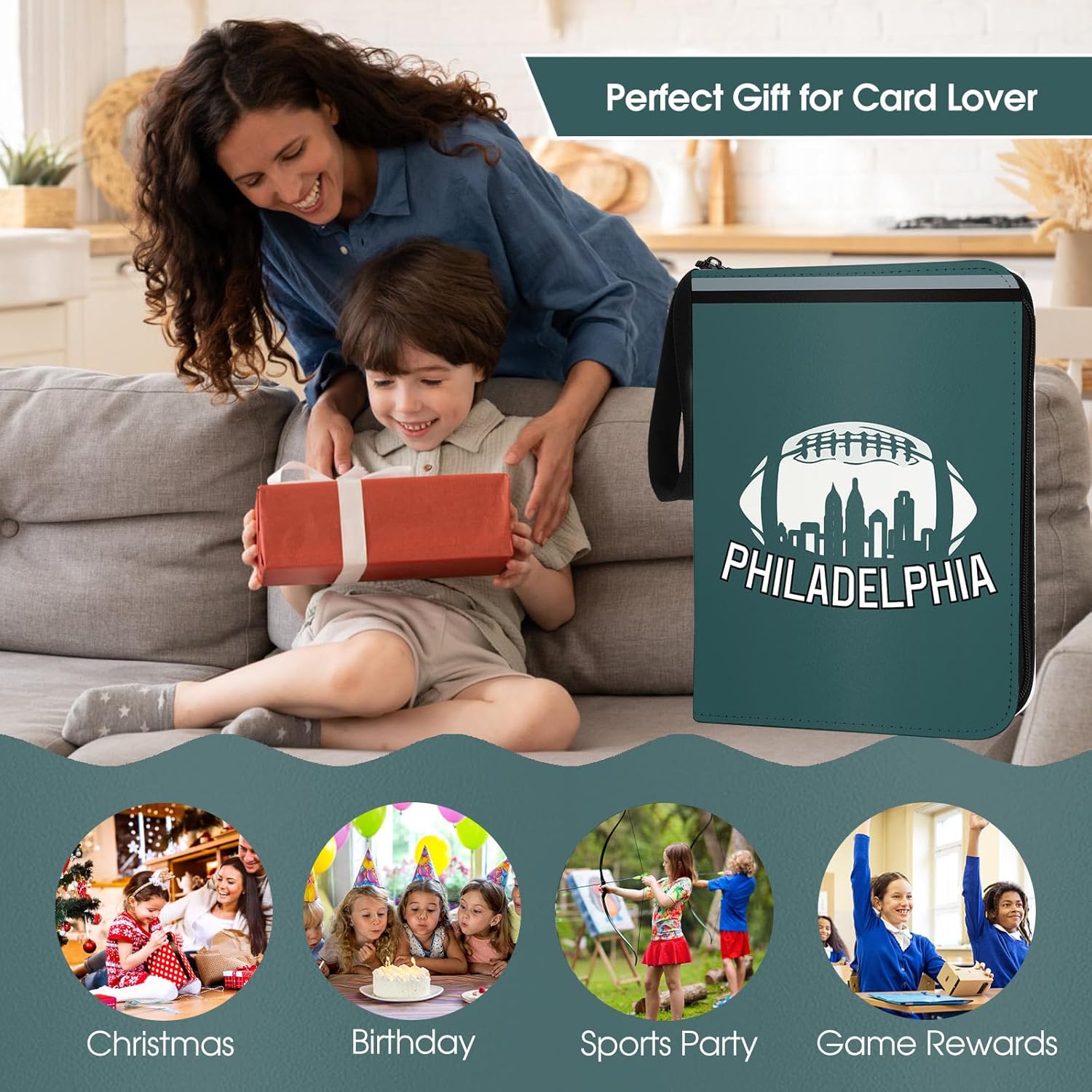 Carpeta de tarjetas de fútbol Philadelphia con mangas, 900 bolsillos, 3 anillos, impermeable, resistente al polvo, duradera