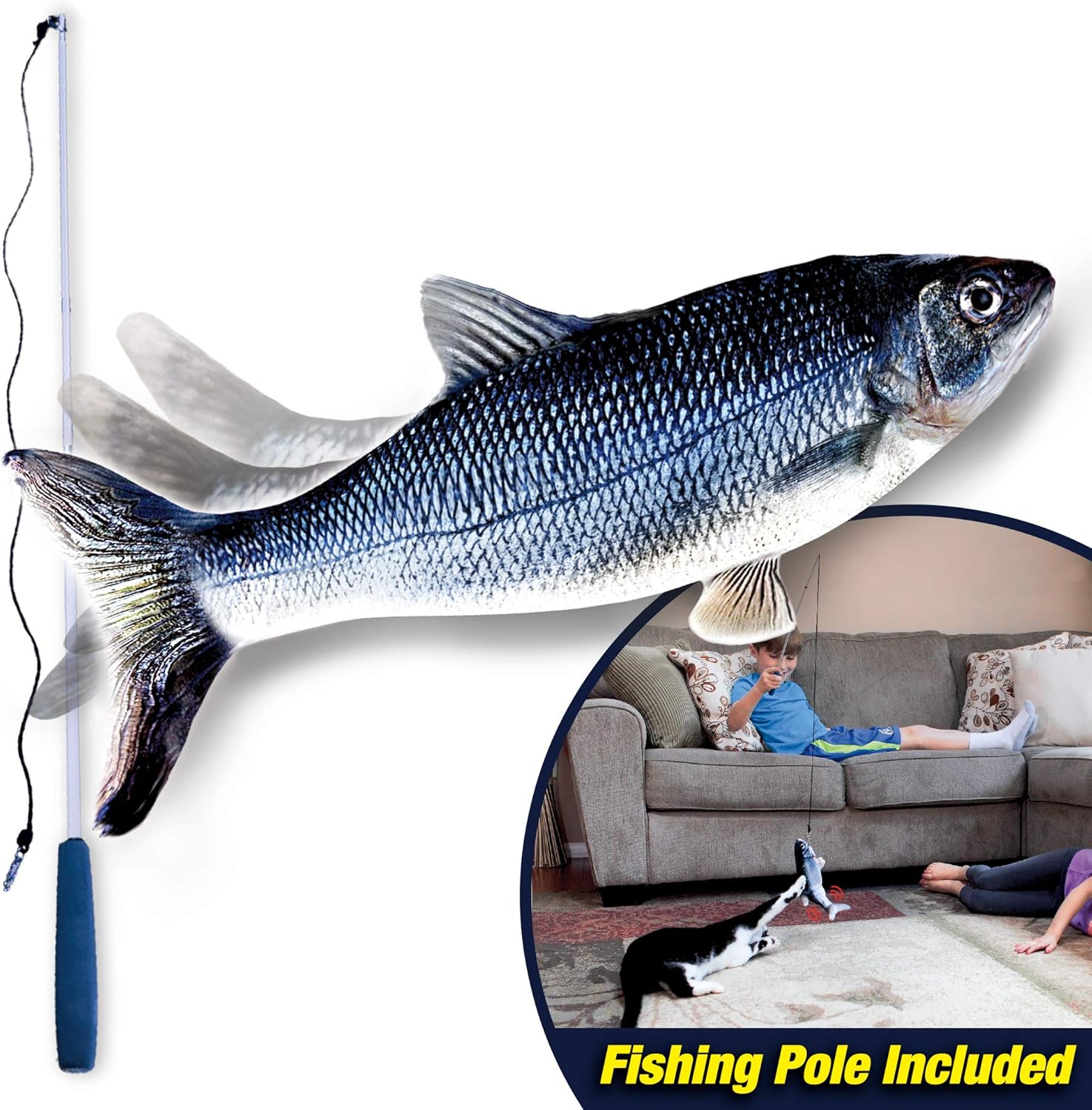 Ontel Flippity Fish – Juguete interactivo para gatos con hierba gatera y caña de pescar, activado por el tacto, juguete recargable para mascotas