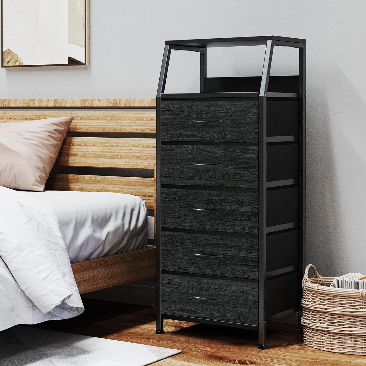 Cómoda negra para dormitorio, organizador de almacenamiento con 5 cajones, torre de almacenamiento vertical de tela, unidades de armario de ropa