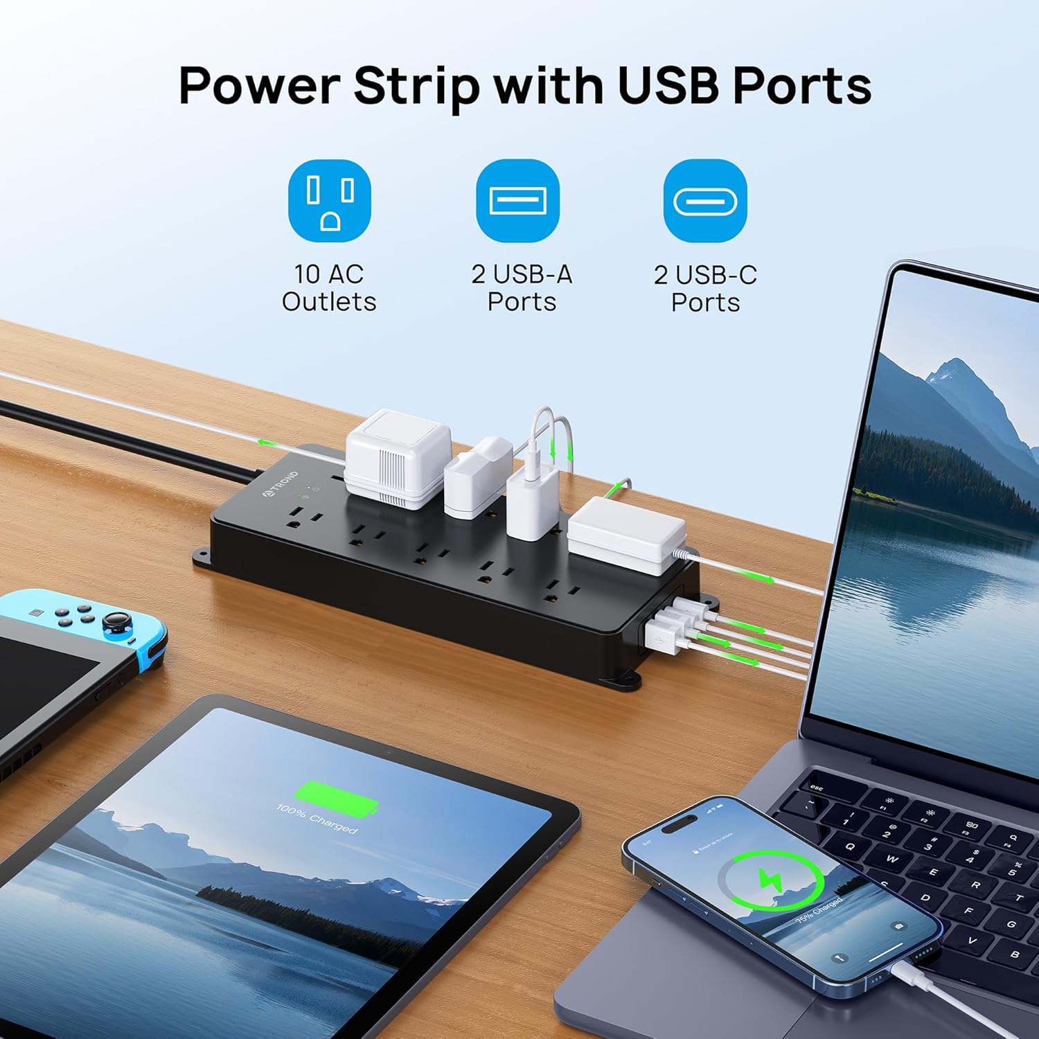 TROND Protector de sobretensión, cable de extensión de enchufe plano de 15 pies de largo, 10 salidas de CA ampliamente espaciadas, 2 puertos USB A y