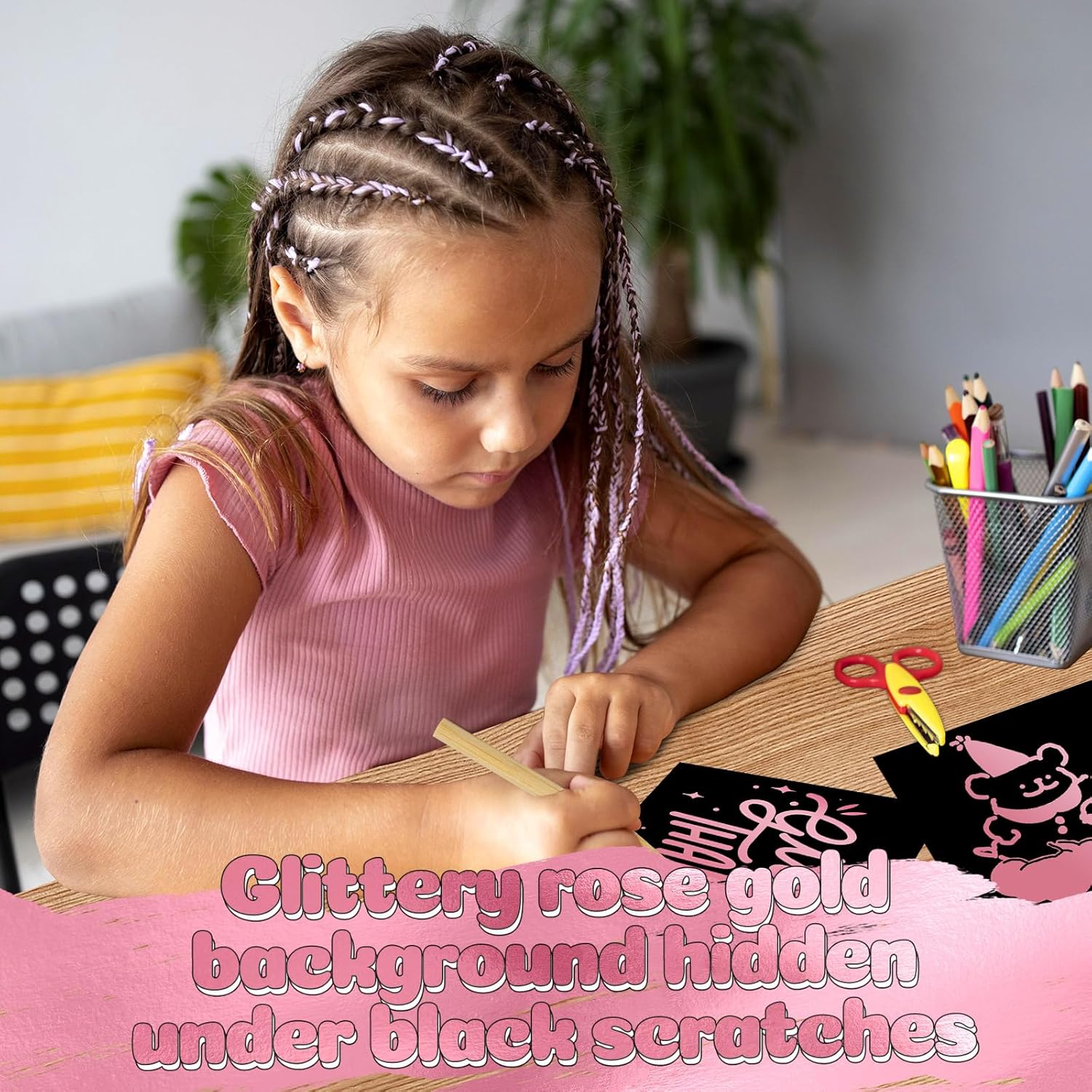 Ambesi Recuerdo de fiesta rosa metálico para niños, 150 notas de arte para rascar para niñas de 4, 5, 6, 7, 8, 9, 10 años, manualidades de papel