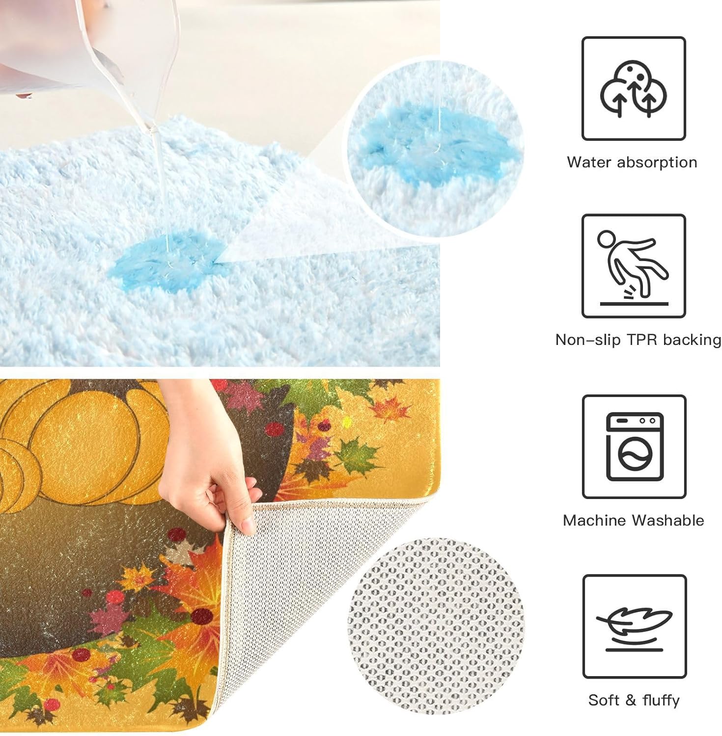 Bathroom Rugs Sets 2 Piece 24×16+24×20 Inch,Soft U-Shaped Contour Toilet Rug Happy Thanksgiving Non-Slip Absorbent Bath Floor Mat Carpet Set Water