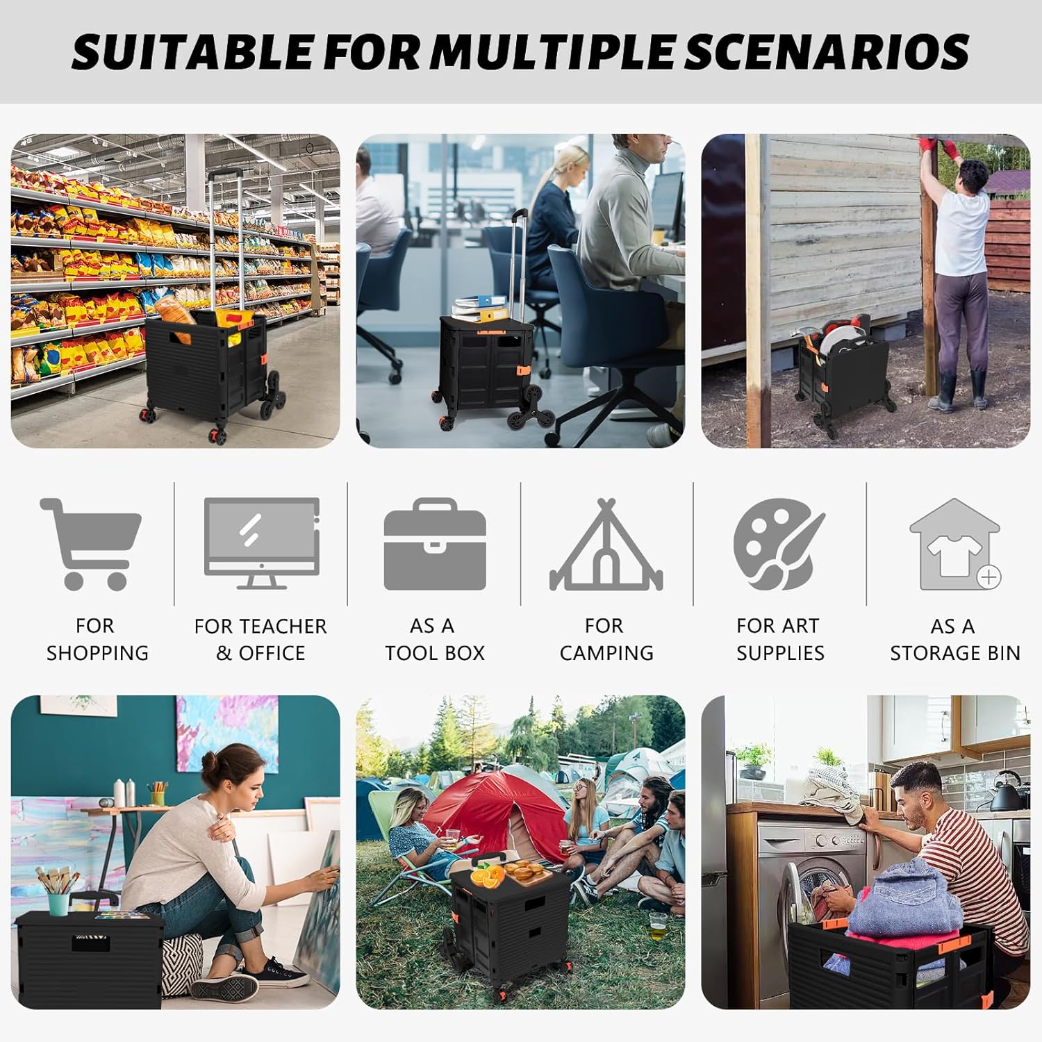 FELICON SELORSS – Carrito plegable portátil con ruedas para subir escaleras y ruedas giratorias de 360, mango telescópico, caja de plástico para