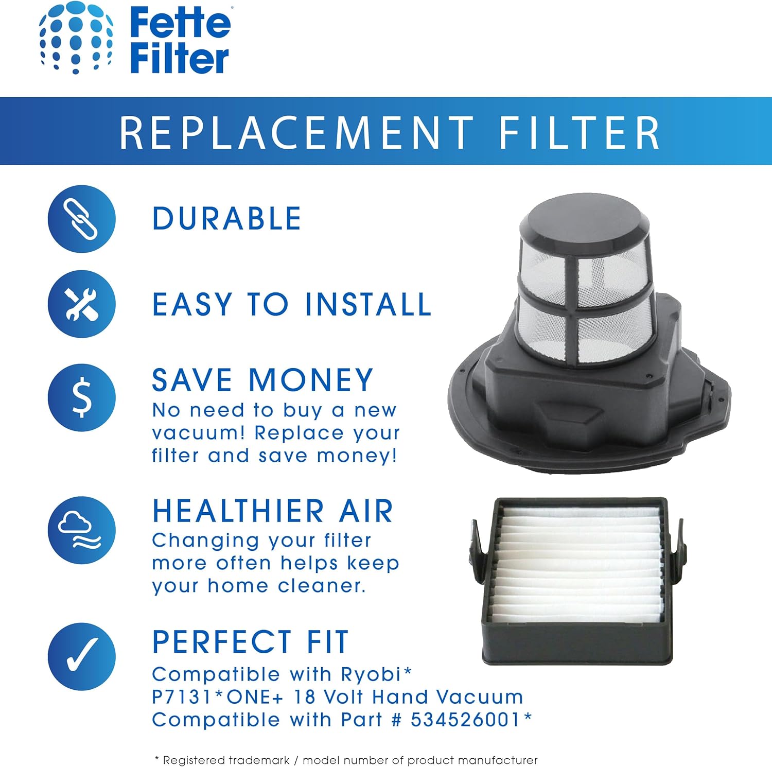 Fette Filter – Juego de pantallas de filtro P7131 compatible con Ryobi P7131, P7131ID 18V ONE+ HAND VACUUM Parte # 534526001 y filtro 533907002 (1