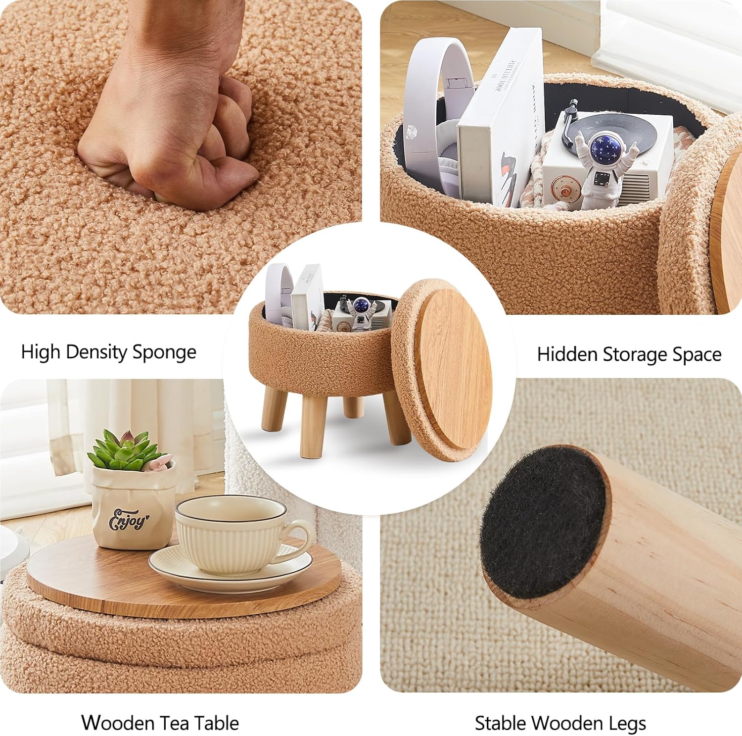 Wimarsbon Otomana de almacenamiento, moderno reposapiés redondo con asiento acolchado suave, reposapiés de terciopelo de peluche con patas de