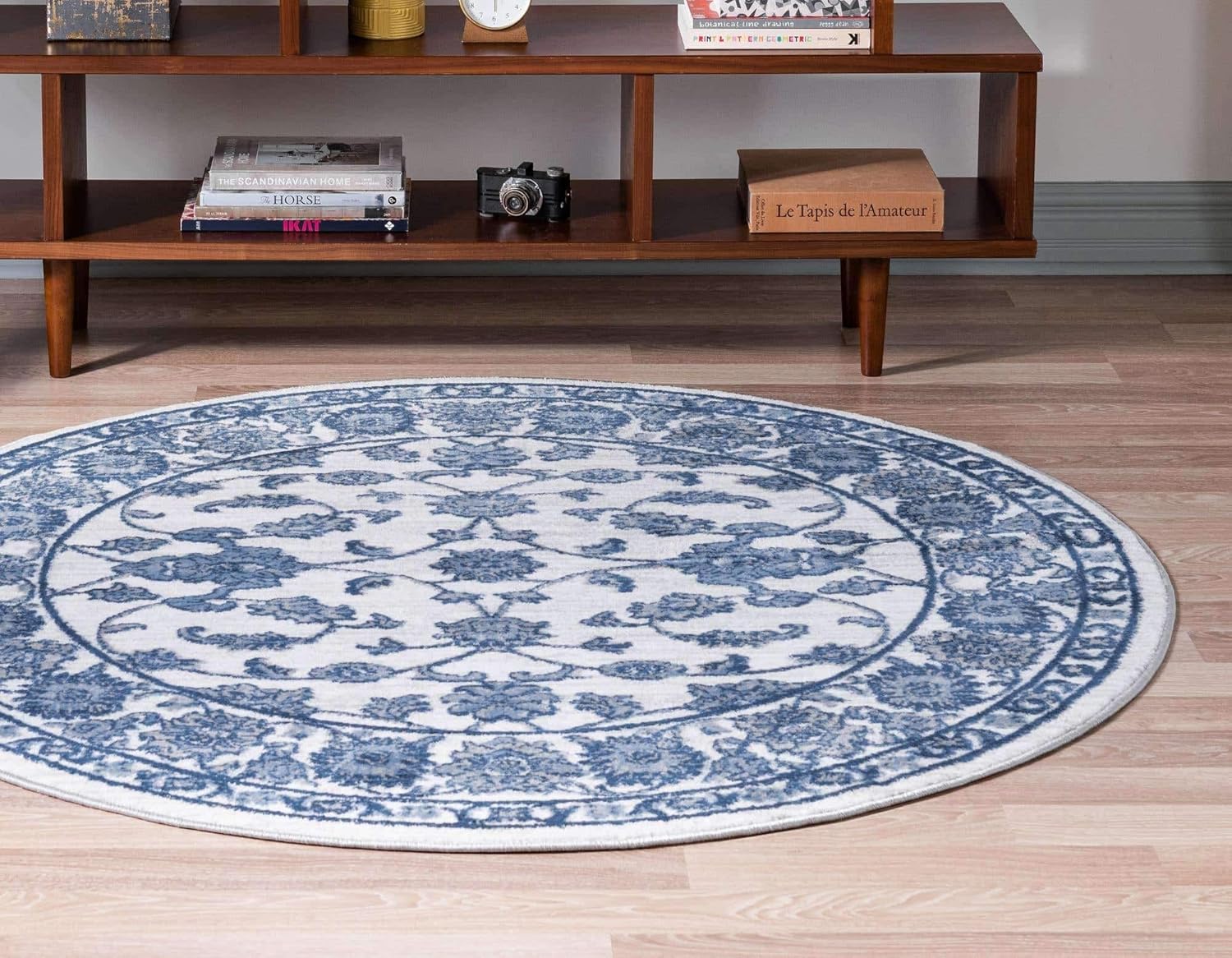 Unique Loom Boston Collection – Alfombra de área con diseño floral (3 pies 3 pulgadas, redonda, blanco, azul y gris)