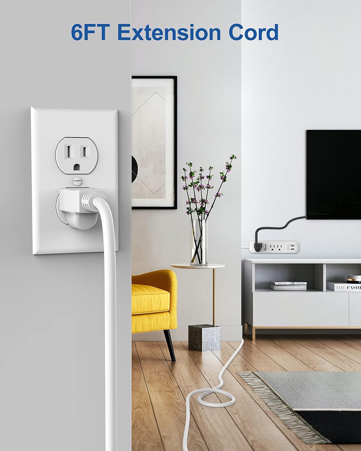 Tira de alimentación USB con protector de sobretensiones, cable de extensión largo de 6 pies, 3 tomas, 2 puertos USB (2.4A12W), protección contra