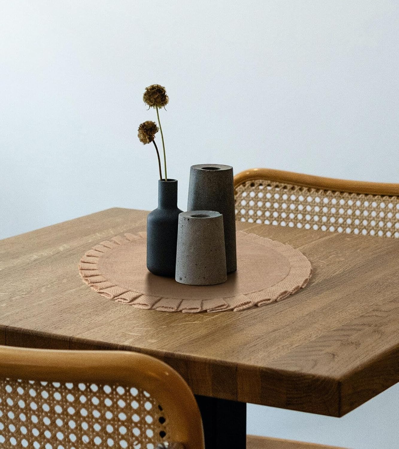 Juego de 6 manteles individuales redondos de arpillera con volantes, decoración de mesa, manteles individuales bohemios de yute natural para mesa de