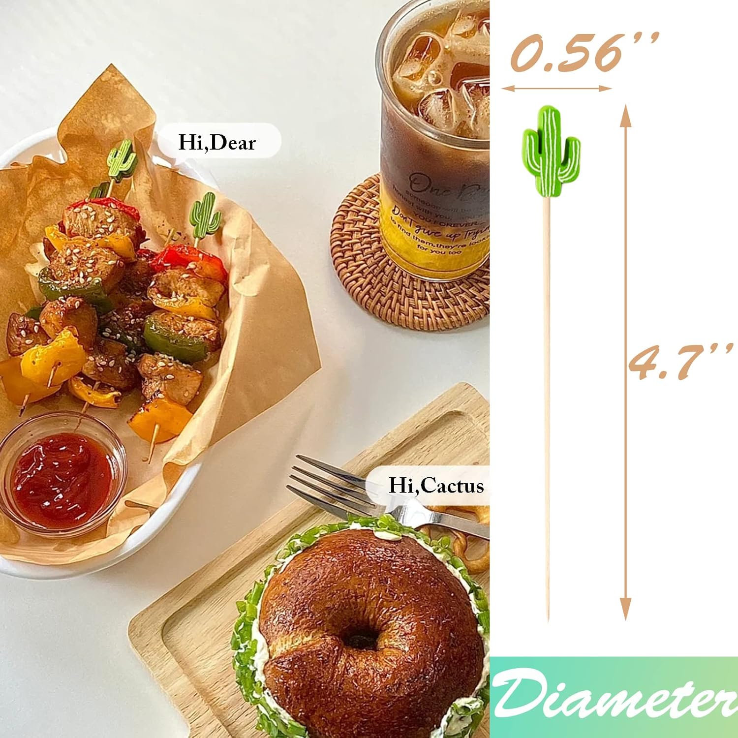Palillos de cóctel de cactus de bambú para aperitivos, brochetas de frutas de 4.7 pulgadas, palillos de comida tropical verde, 100 unidades por