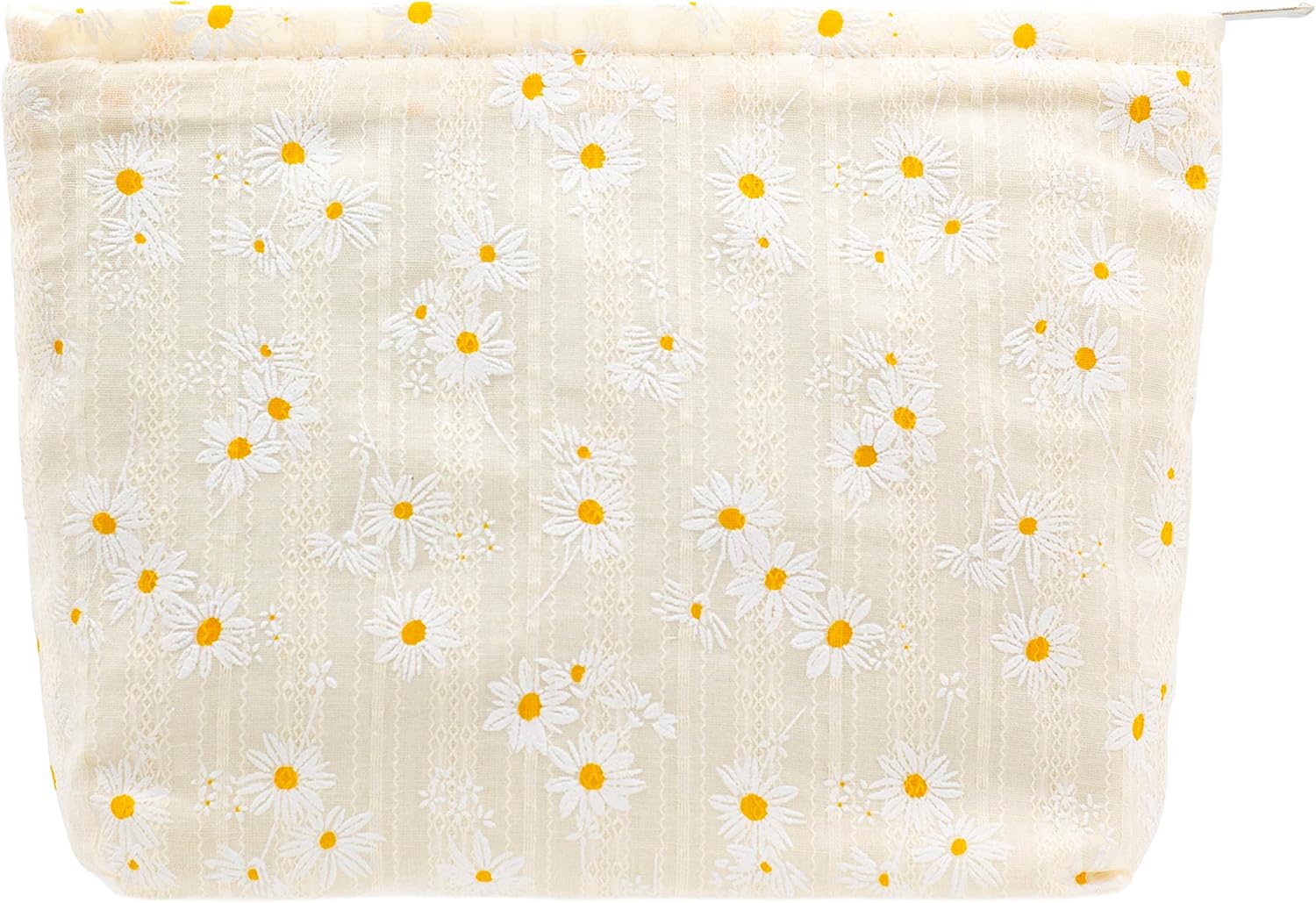 PAZIMIIK Bolsas de maquillaje para monedero, bolsa de cosméticos con cremallera, Algodón Margarita Beige, Margarita