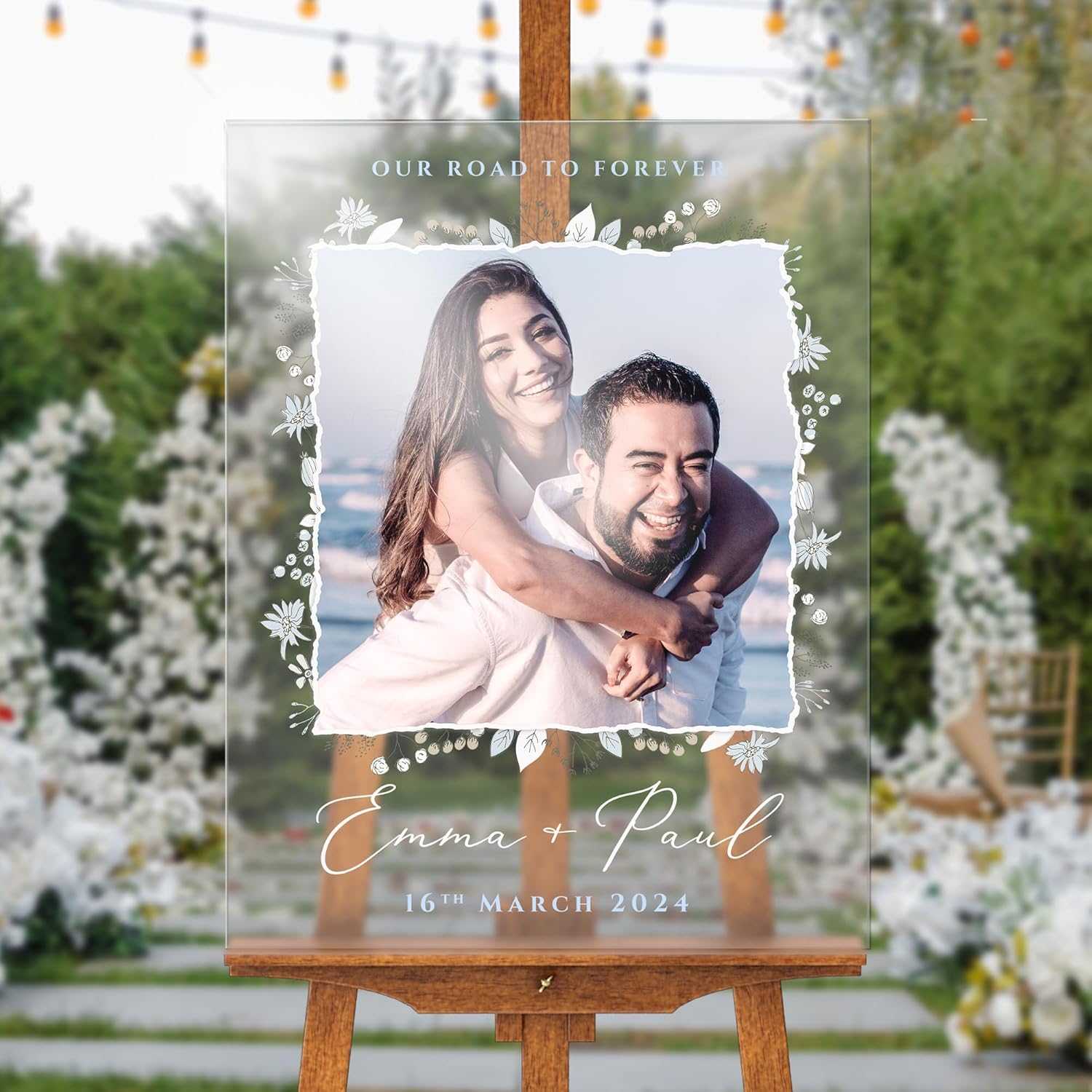 Letrero de bienvenida de boda personalizado de 24 x 18 pulgadas con foto y texto, letrero de recepción personalizado en acrílico, tablero de espuma