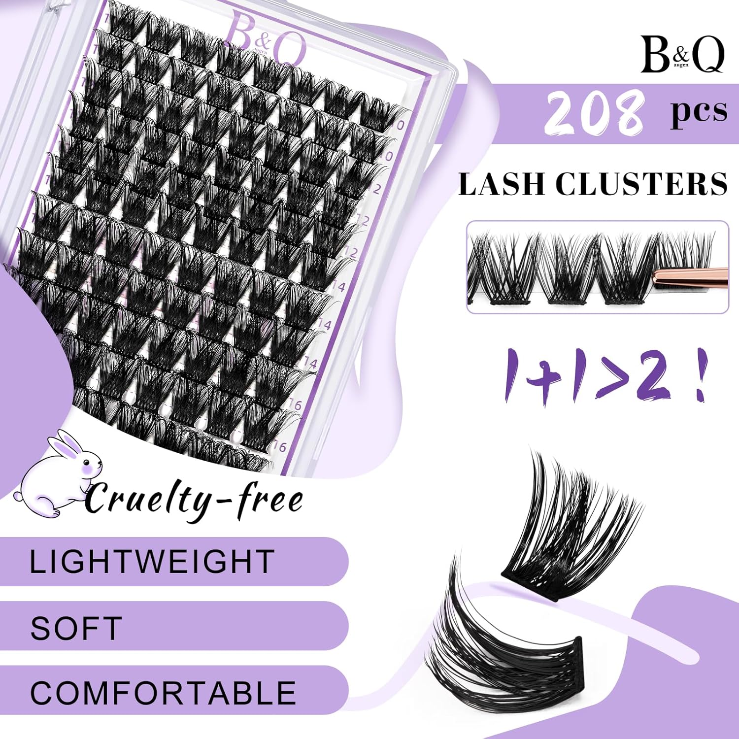 Extensiones de pestañas en racimo de 208 unidades, pestañas individuales B05+B06, extensiones de pestañas de 0.35-0.70 pulgadas, extensiones de