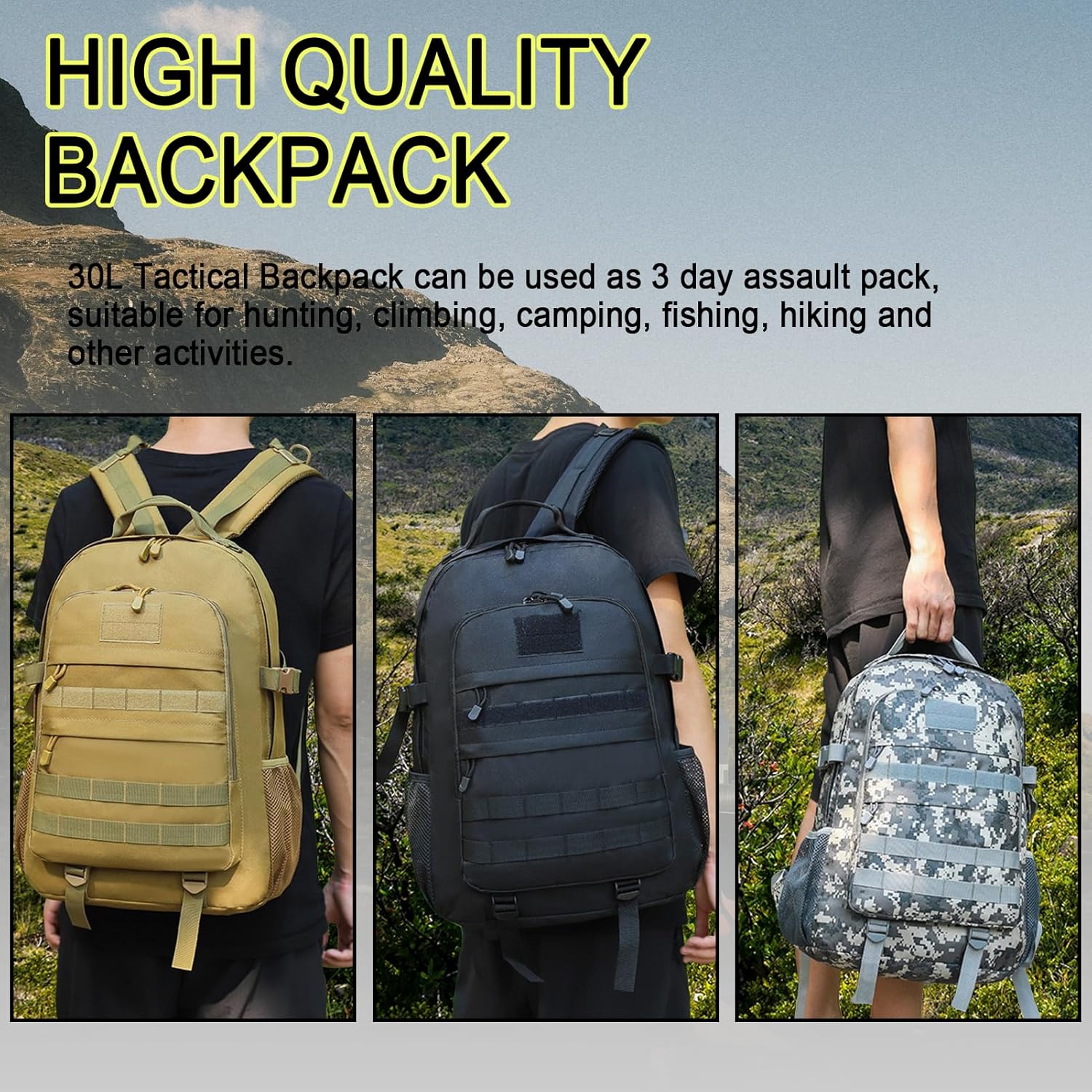 Aocmpxs Mochila táctica militar, mochila de senderismo de 30L resistente al agua, mochilas de asalto de 3 días, paquete Molle Army, ACU, Exteriores