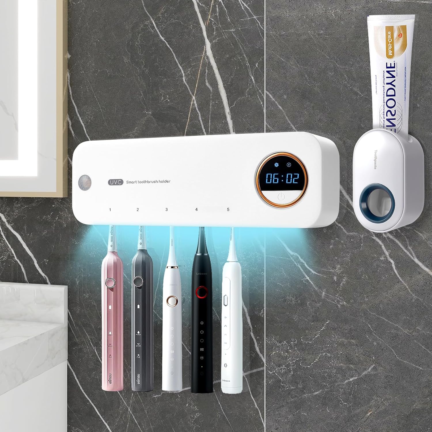 GFBEBDV Limpiador de cepillos de dientes y extrusora automática de pasta de dientes, limpiador de soporte para cepillos de dientes, secado y