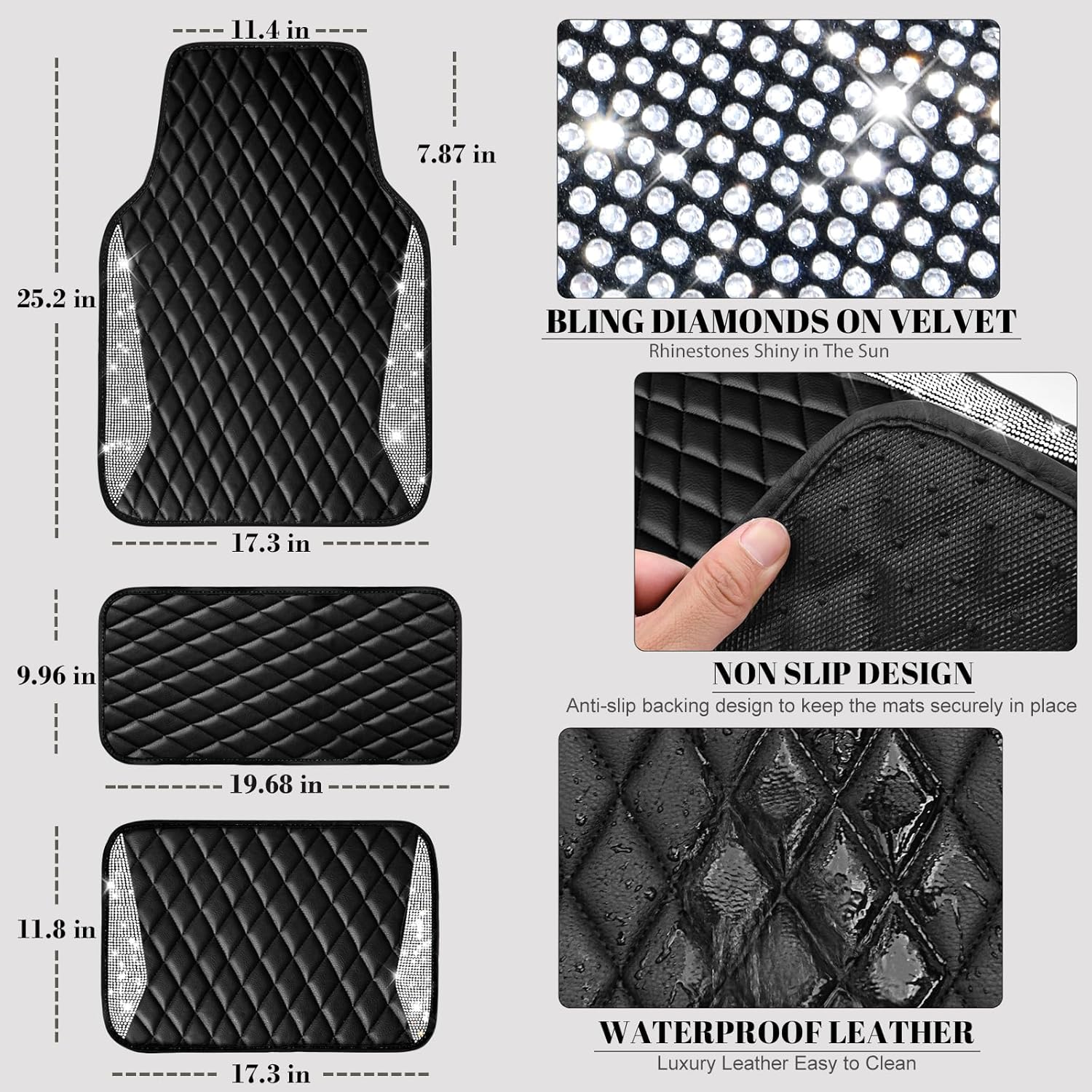 CAR PASS Alfombrillas de cuero brillantes para automóvil, con diamantes brillantes, con diamantes de imitación y purpurina brillante,