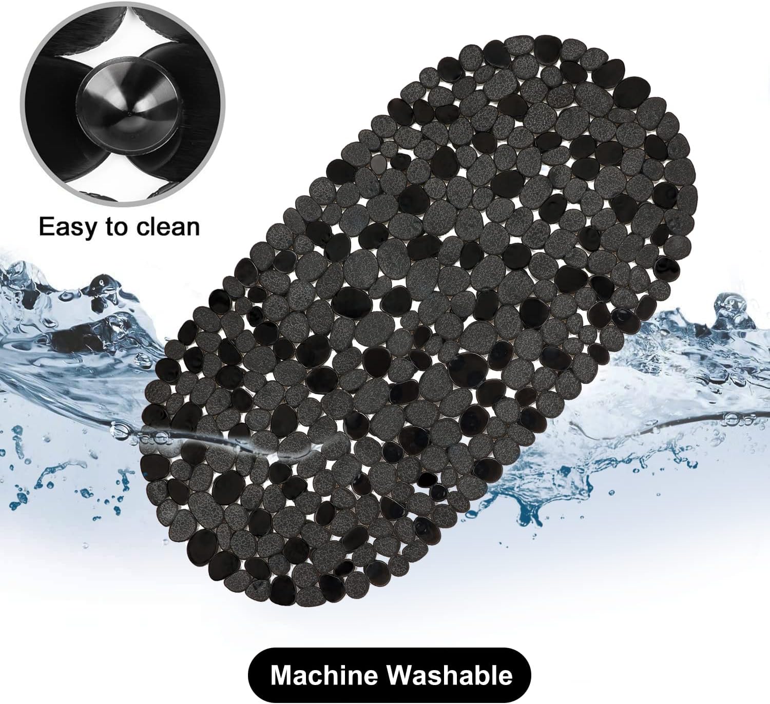 WELTRXE Pebbles – Tapete de baño antideslizante para bañera, color negro, con ventosas, agujeros de drenaje para duchas de baño, bañera, lavable a