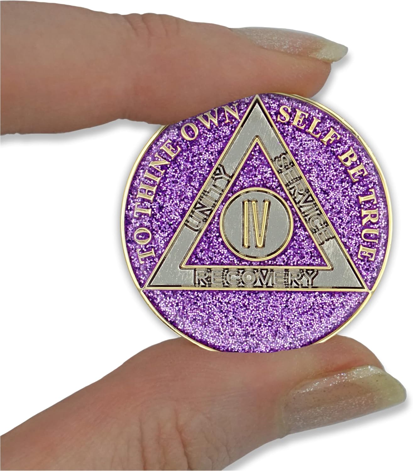Moneda de sobriedad de 4 años  Ficha de aniversario de recuperación de chip AA con purpurina (morado)