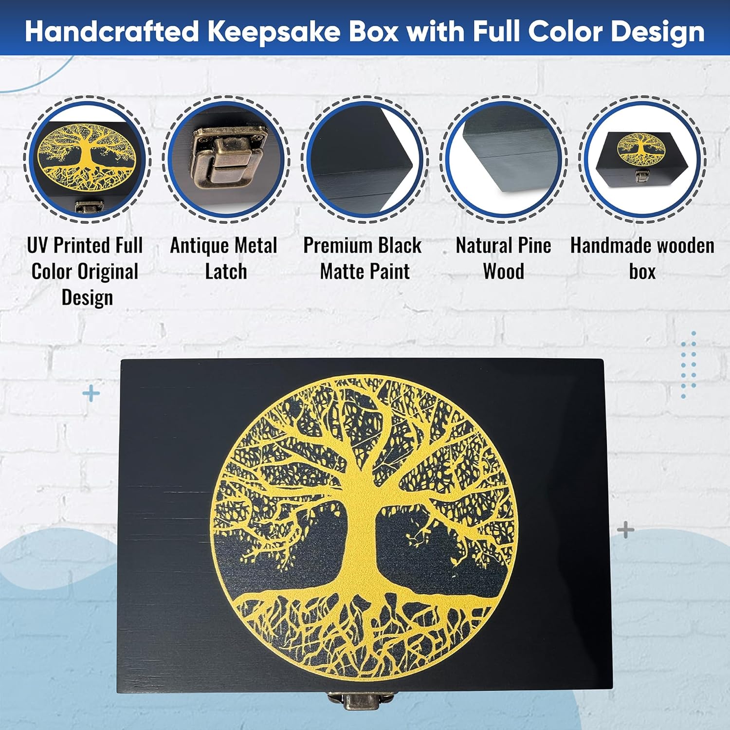 Caja de recuerdos del árbol de la vida, caja de almacenamiento de madera negra, caja de madera decorativa para decoración del hogar, caja de memoria