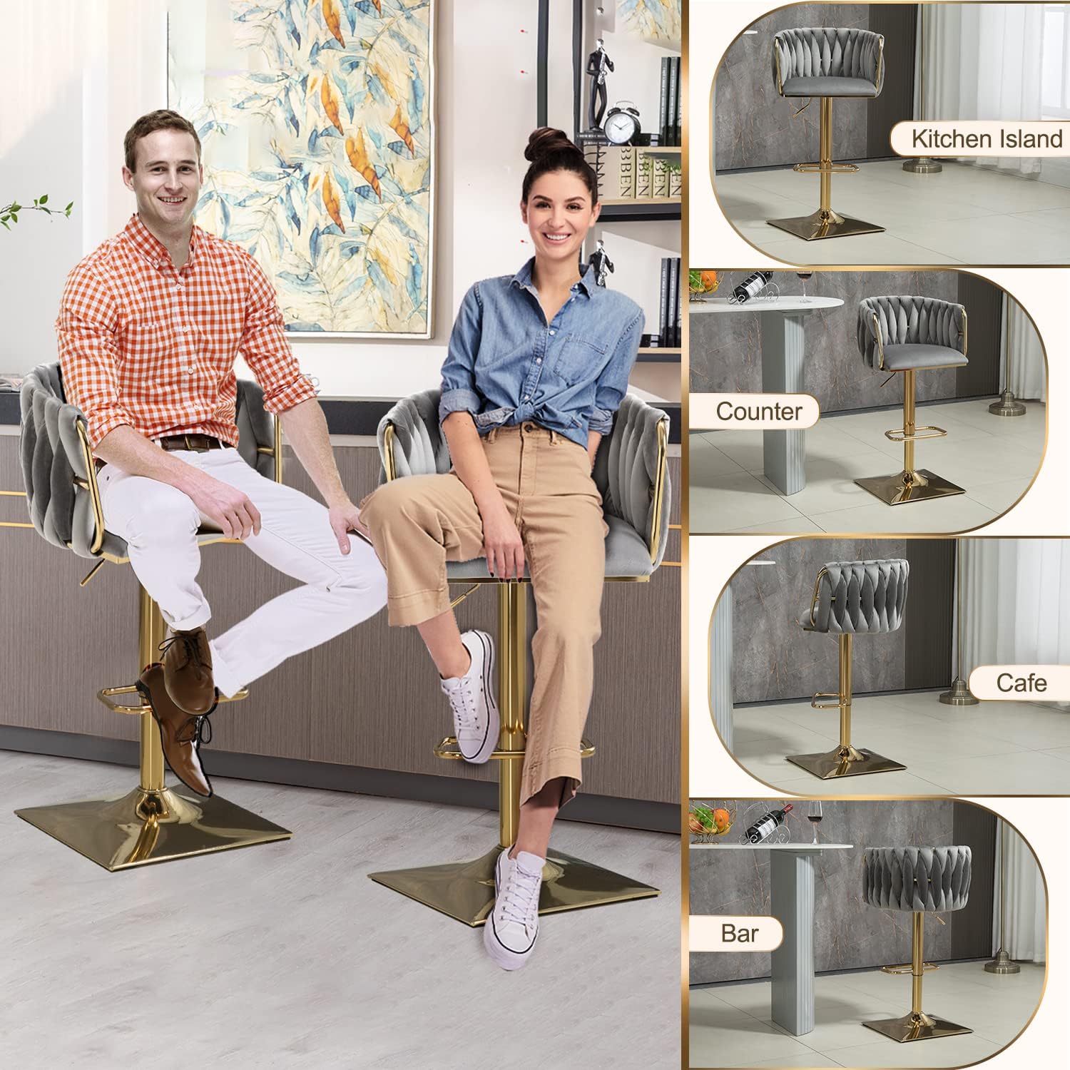 Juego de 2 taburetes de bar giratorios de terciopelo, taburetes de bar ajustables y cómodos, silla de comedor moderna con respaldo tejido, taburetes
