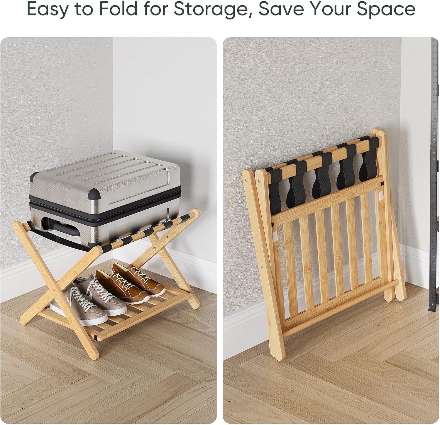 Semiocthome Paquete de 2 portaequipajes totalmente montado, soporte plegable para maleta con estante de almacenamiento, estante de madera para