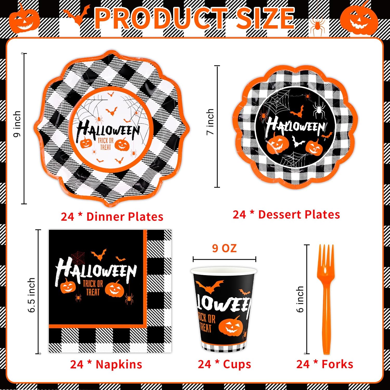 DYLIVeS Kit de suministros para fiesta de Halloween, vajilla desechable de calabaza y murciélagos a cuadros de Halloween, incluye platos de cena,