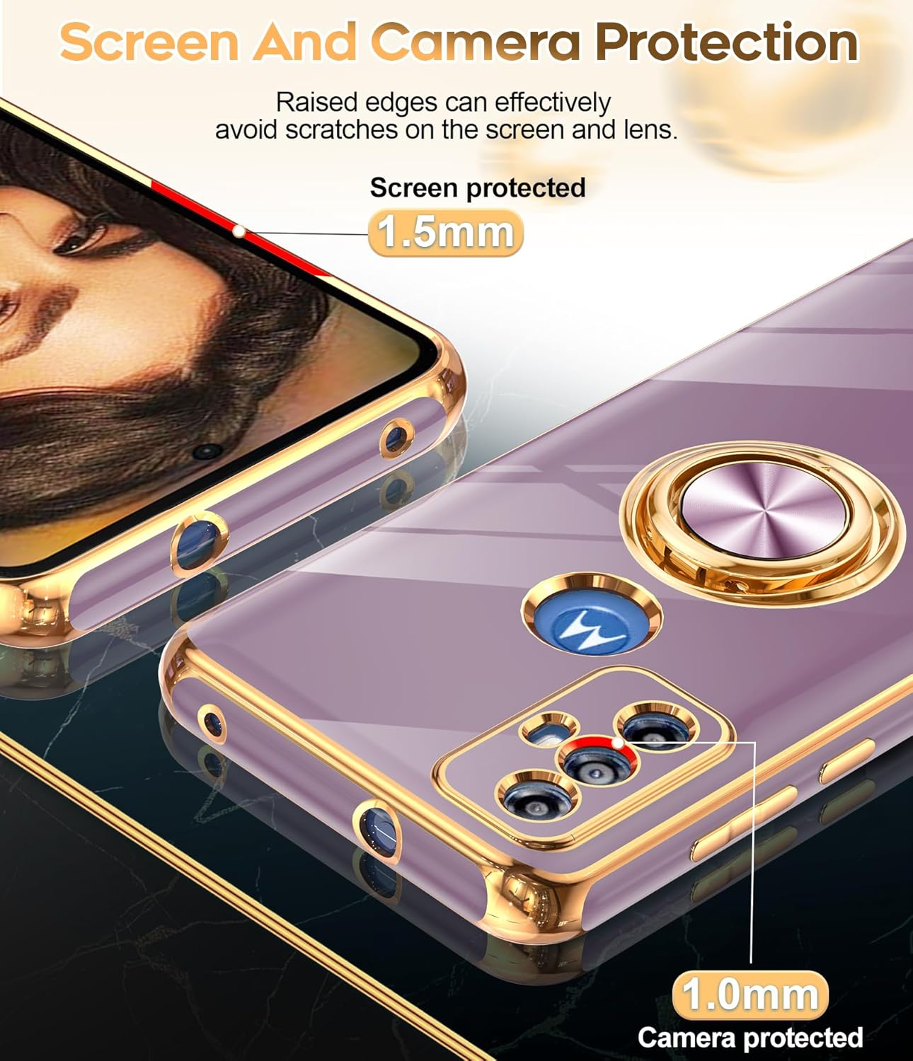 LeYi Funda para teléfono Moto G Play 2023 con protector de pantalla de vidrio templado (paquete de 2) Soporte de anillo giratorio de 360, soporte