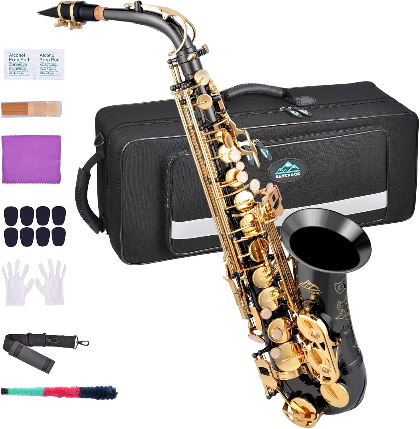 EASTROCK Kit completo de saxofón alto de níquel negrodorado para estudiantes principiantes con estuche de transporte, boquilla, almohadillas de